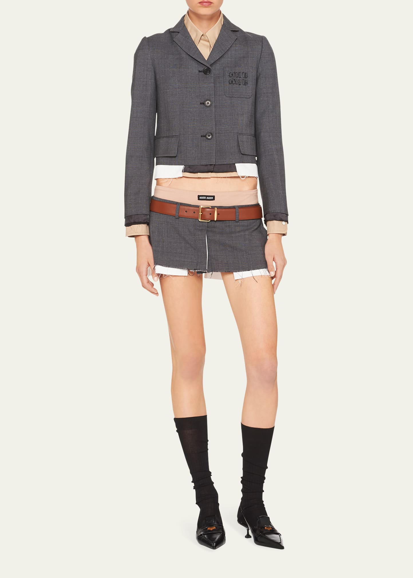 MIU MIU LOGO-EMBROIDERED PRINCE OF WALES CHECK CROP BLAZER