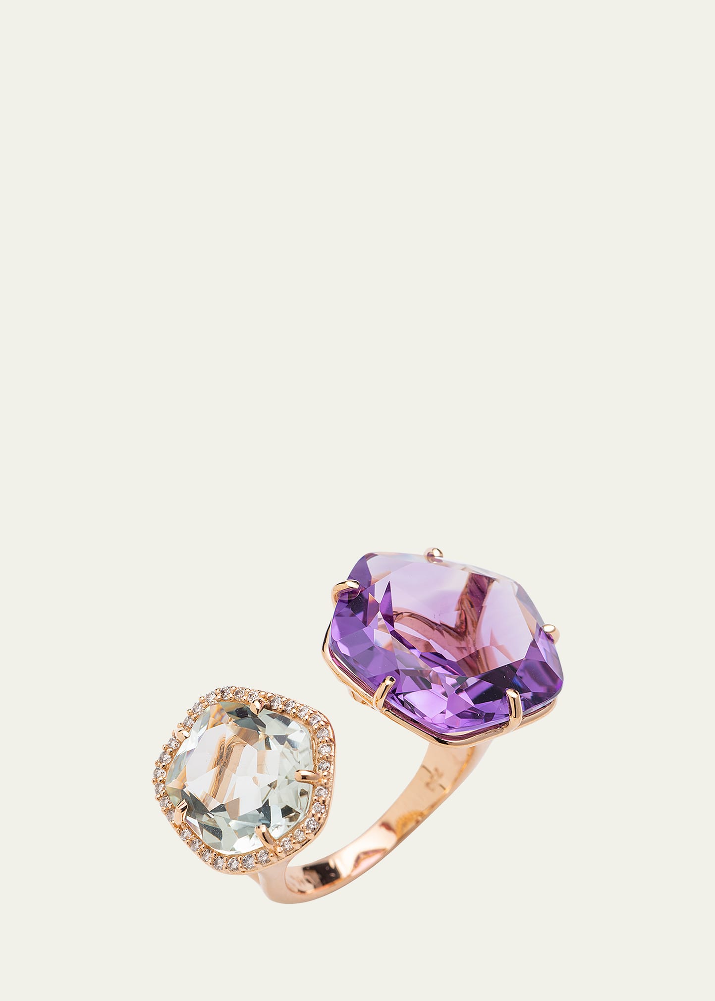 Rose Gold Ring With Prasiolite, Amethyst and Diamonds