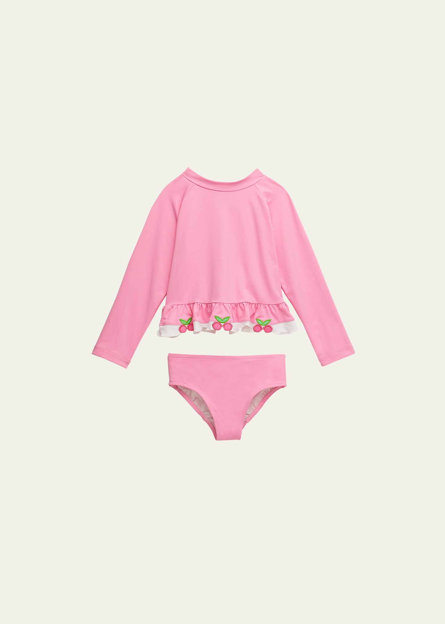 Florence Eiseman Kids' Girl's Cherry Applique Two-piece Rashguard Set In Pink