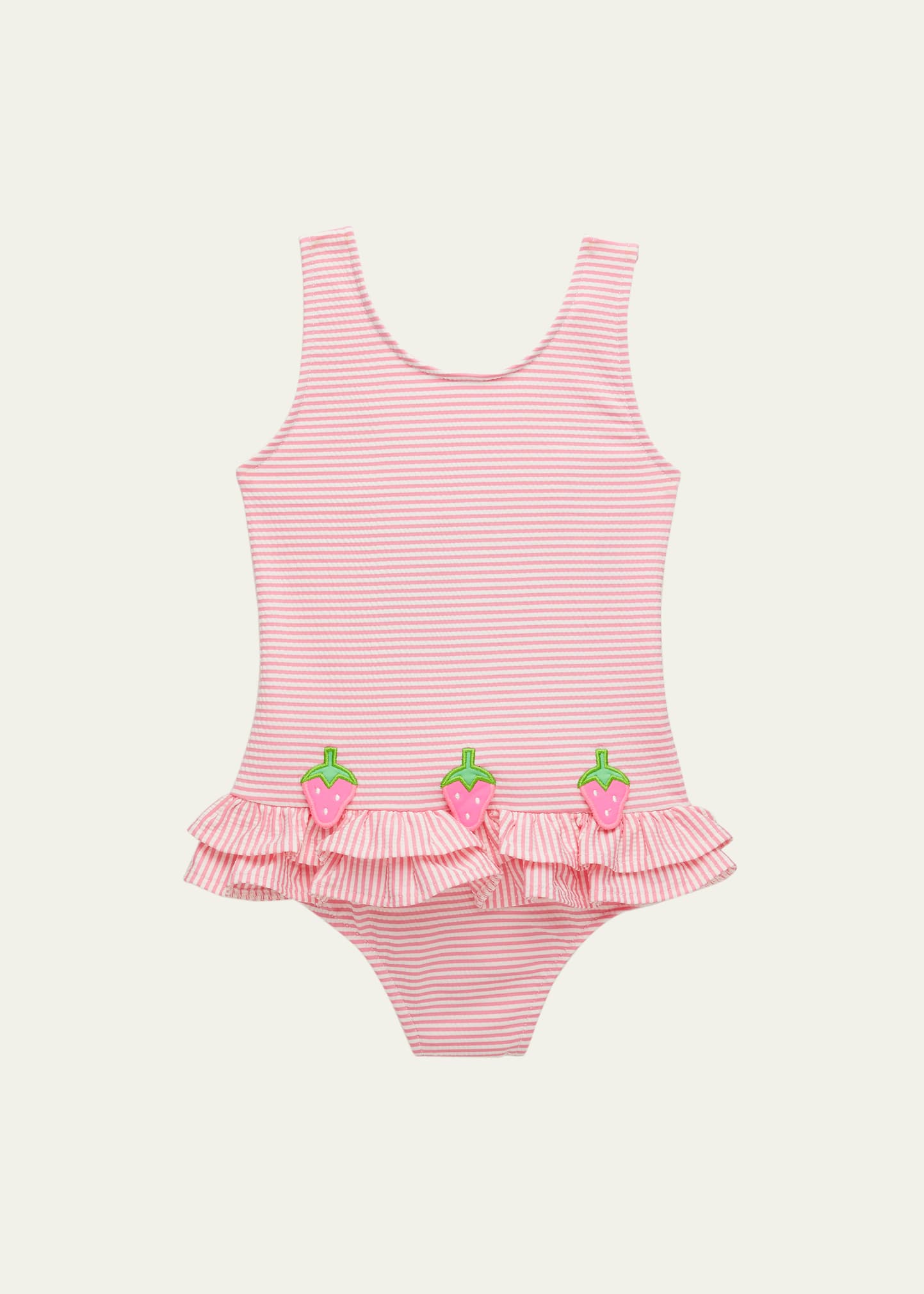 Florence Eiseman Kids' Girl's Seersucker Ruffle Trim Swimsuit In Pink/white