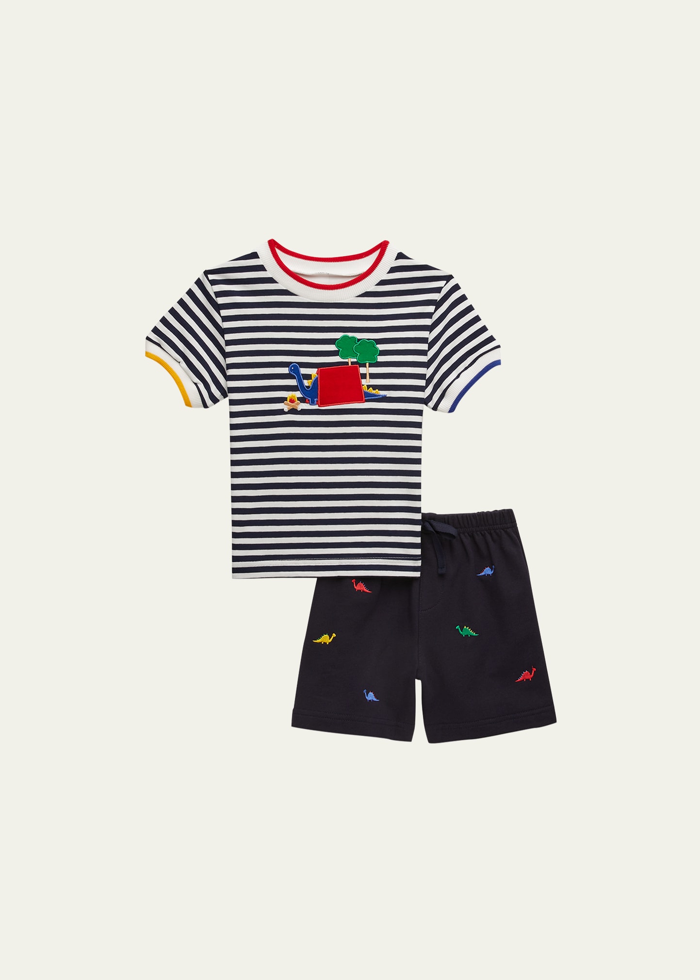 Boy's Striped Embroidered Dino T-Shirt W/ Shorts, Size 2-4