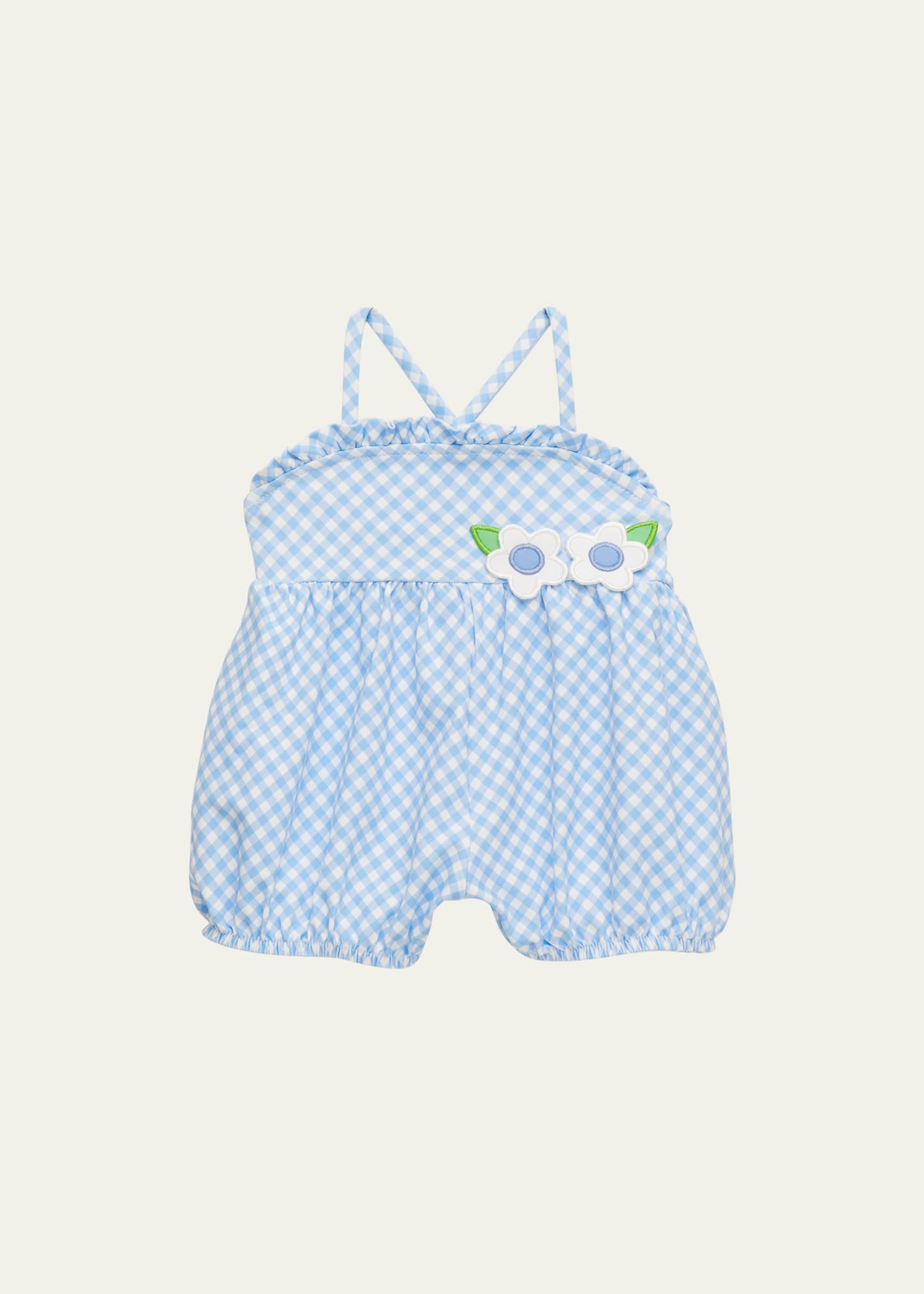 Florence Eiseman Kids' Girl's Gingham-print Swimsuit W/ Flowers In Peri/wht