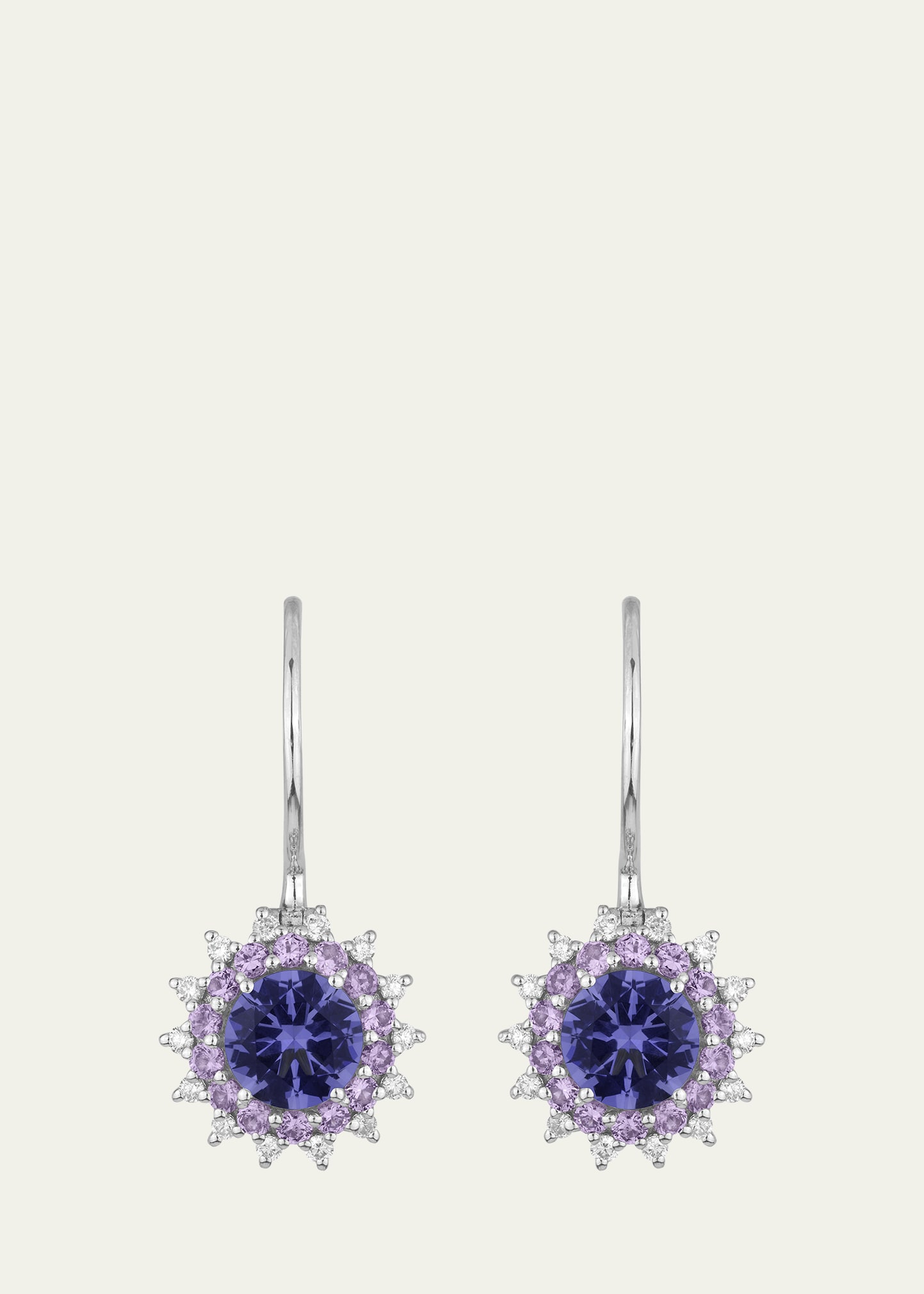 18K White Gold Diamond, Tanzanite and Pink Sapphire Wire Drop Earrings