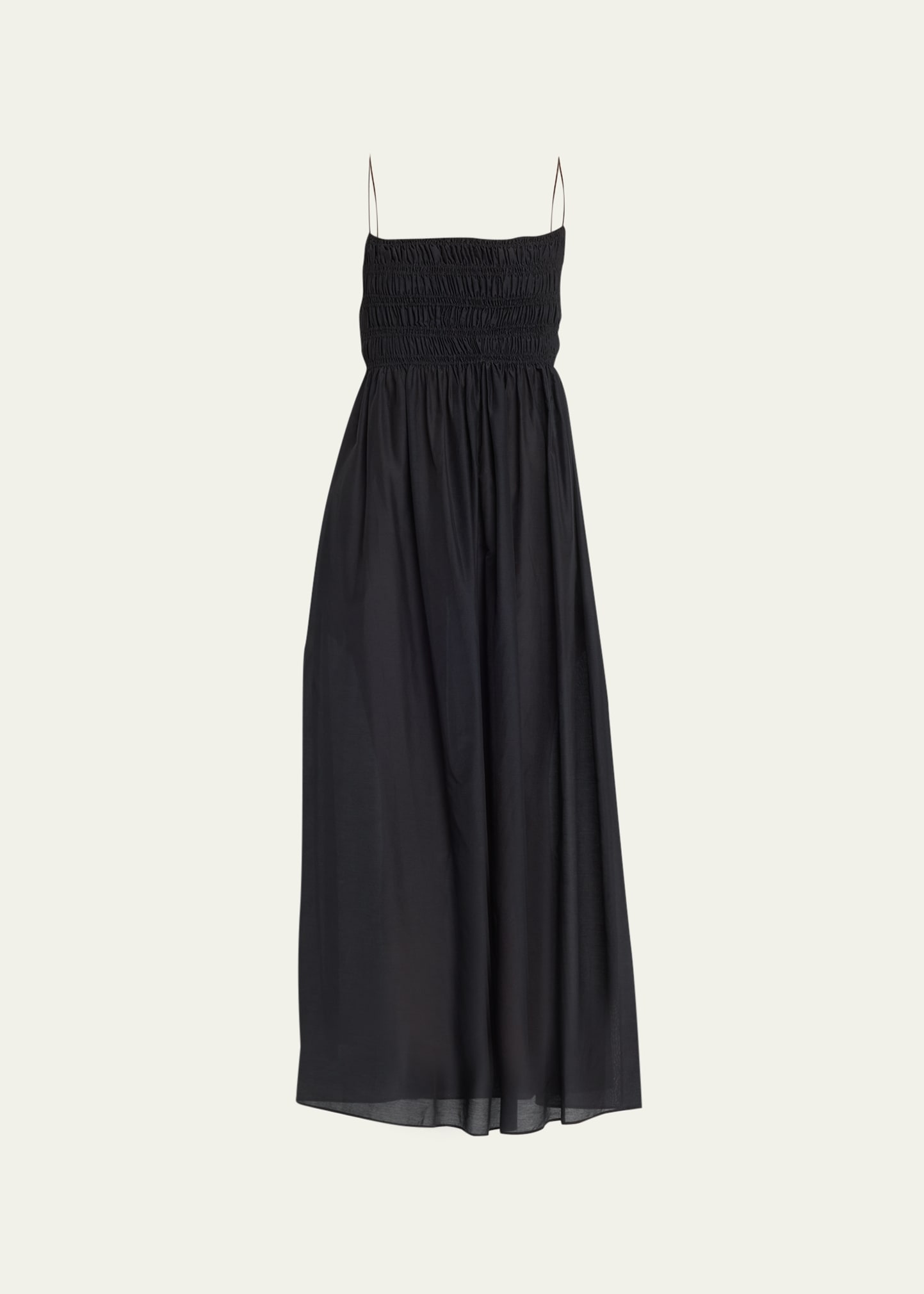 Matteau Shirred Organic Cotton And Silk-blend Midi Dress In Black