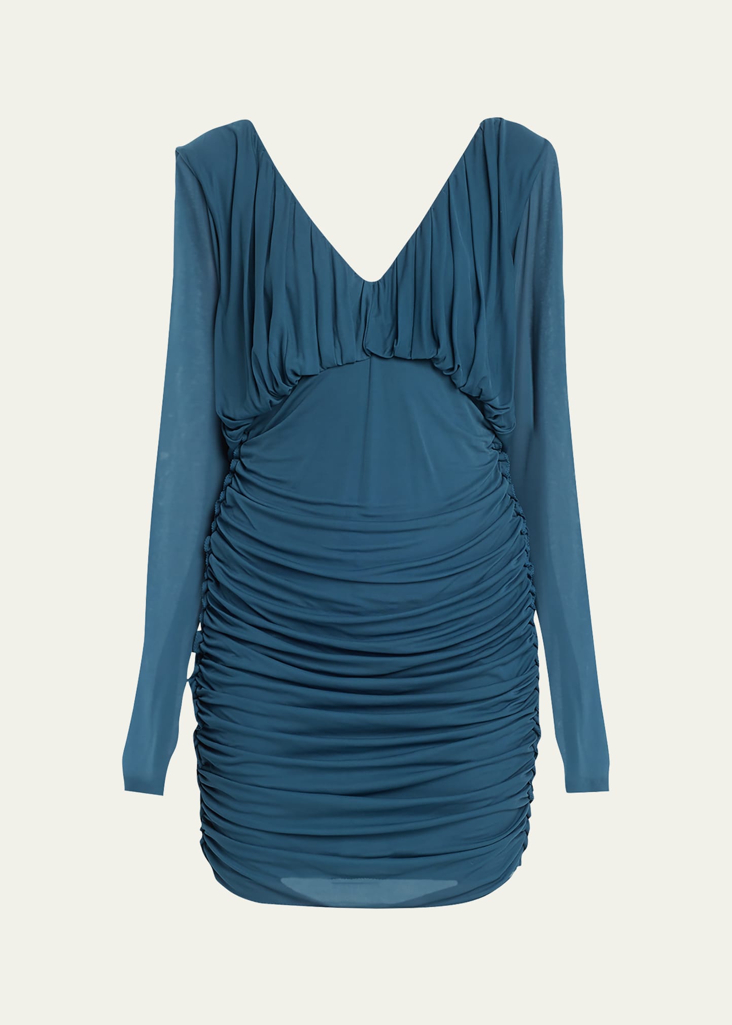Shop Saint Laurent Long Sleeve Ruched Mini Dress In Teal