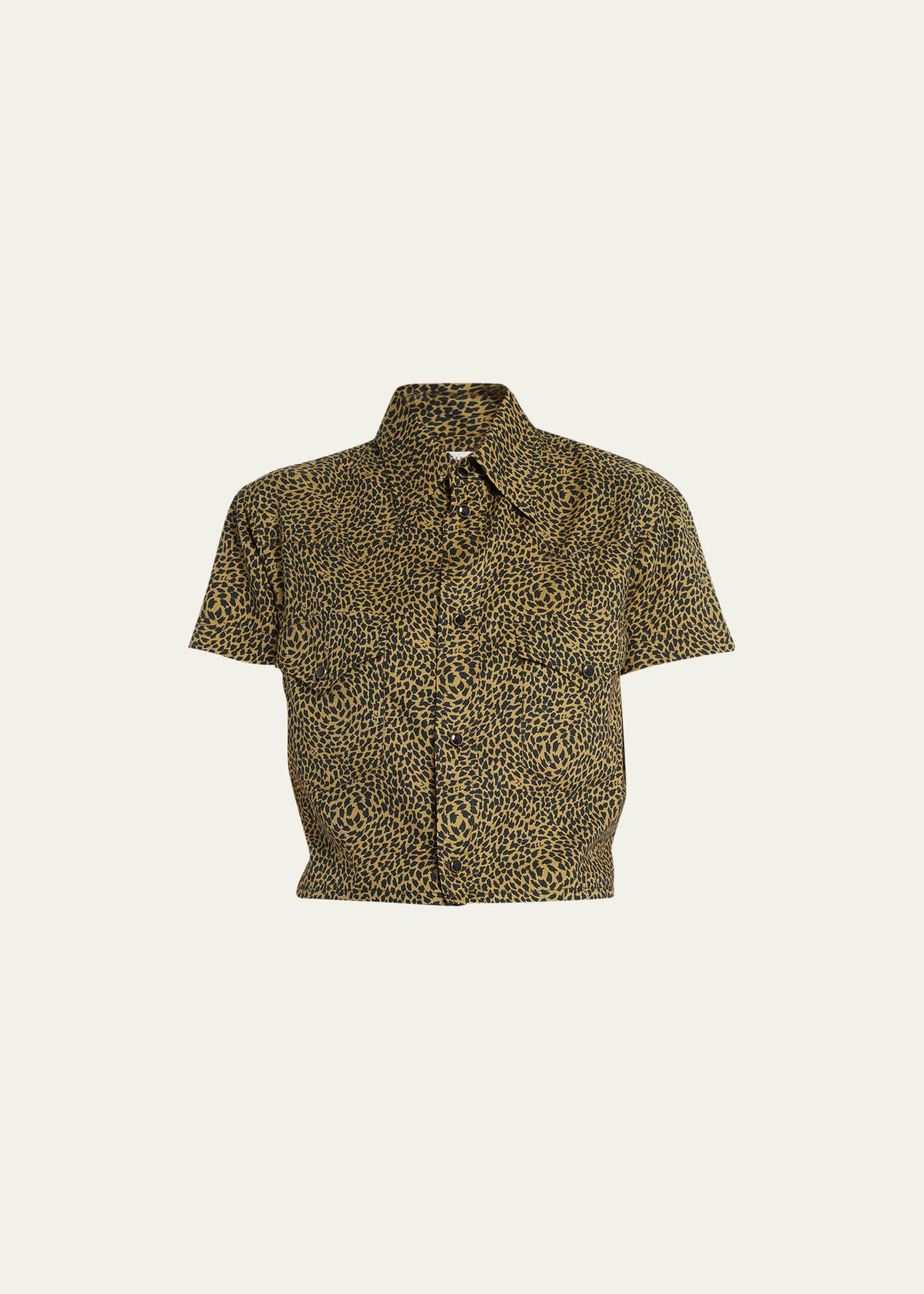 Saint Laurent Warped Leopard Print Short Sleeve Crop Snap-up Shirt In White Blac
