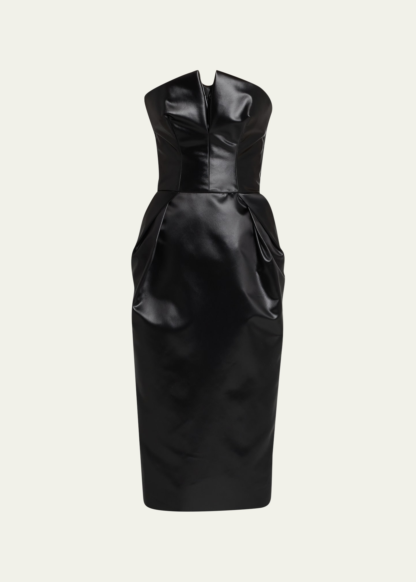 Strapless Faux Leather Gathered Midi Dress