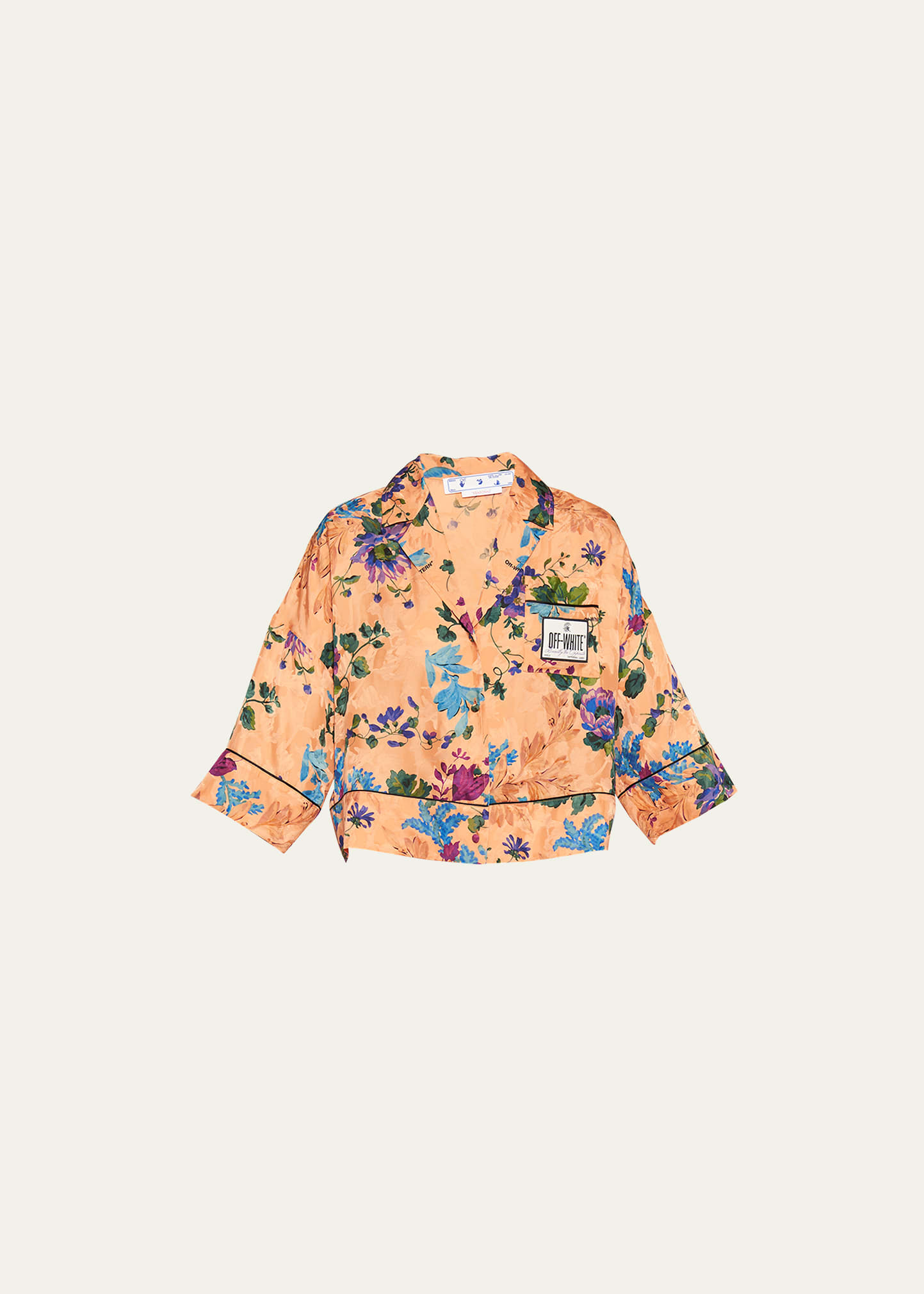 Piped Camo Floral Jacquard Pajama Crop Shirt