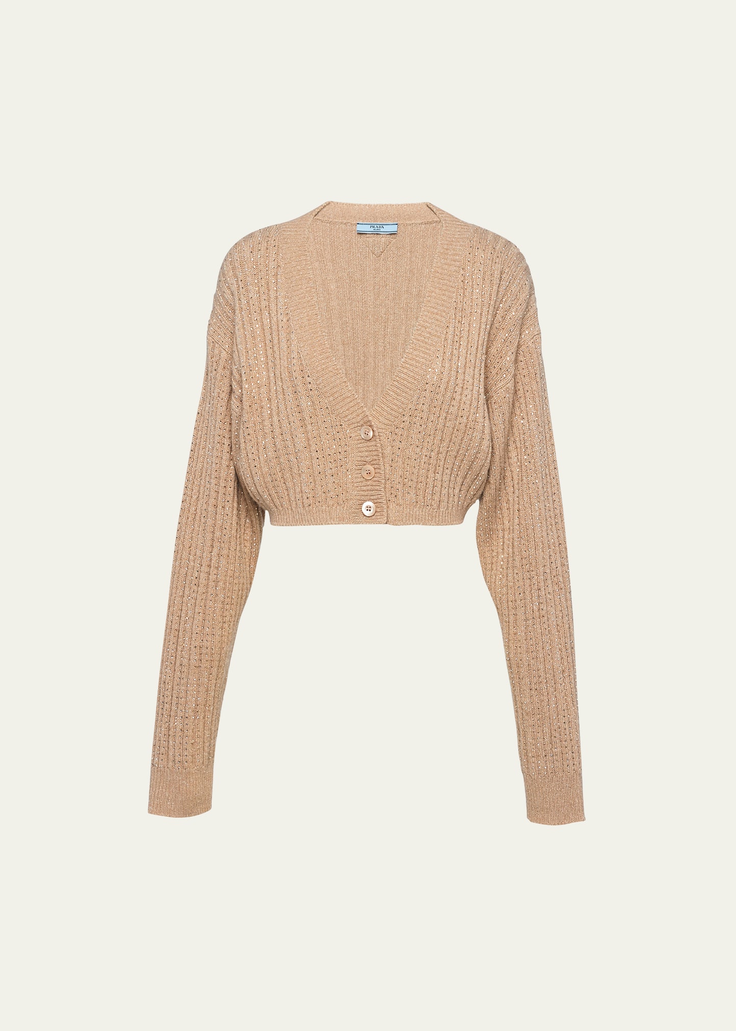 Shop Prada Lame Cropped Wool-cashmere Cardigan In F0040 Cammello