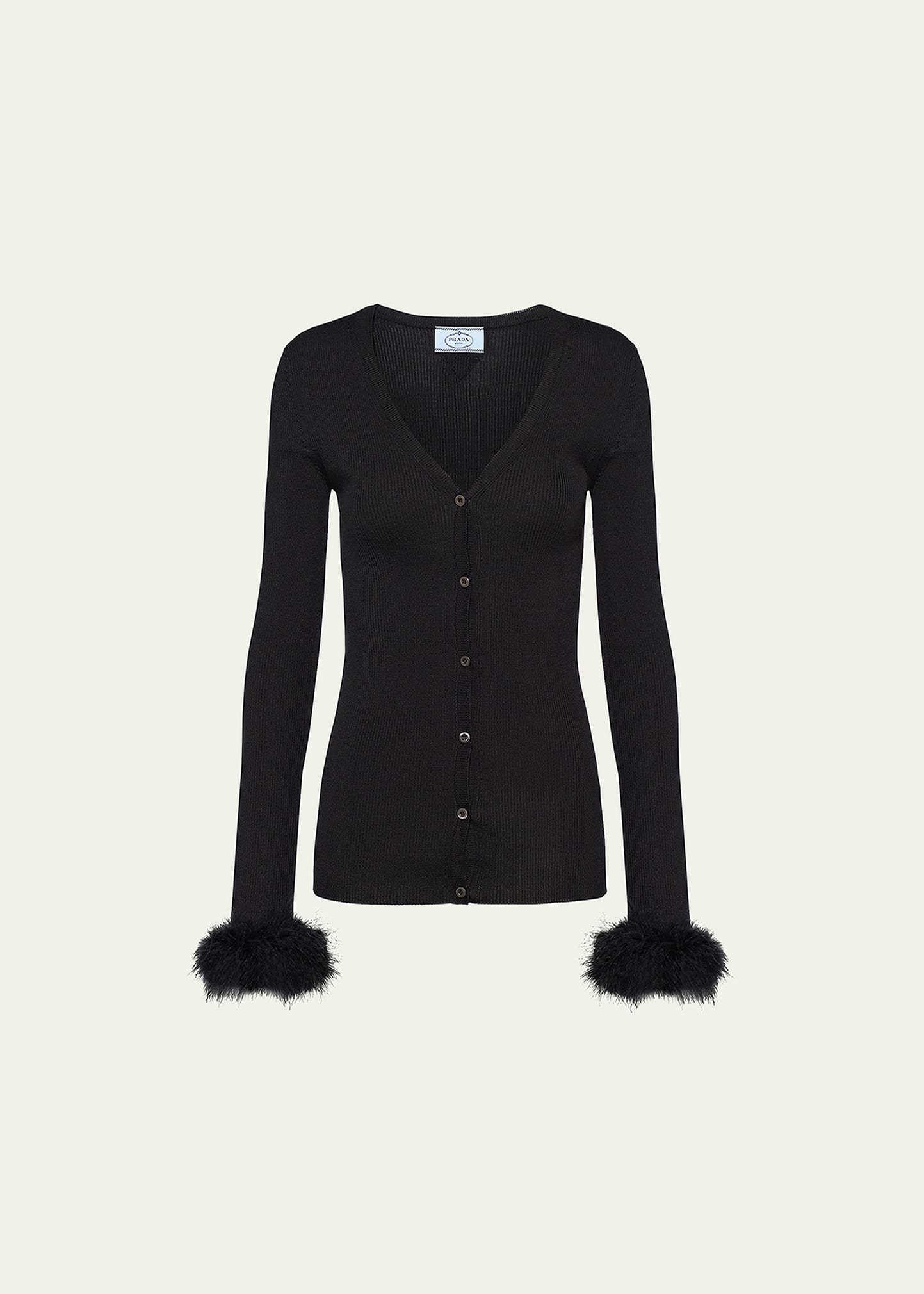 Prada Ribbed Feather-cuff Silk Cardigan In F0002 Nero