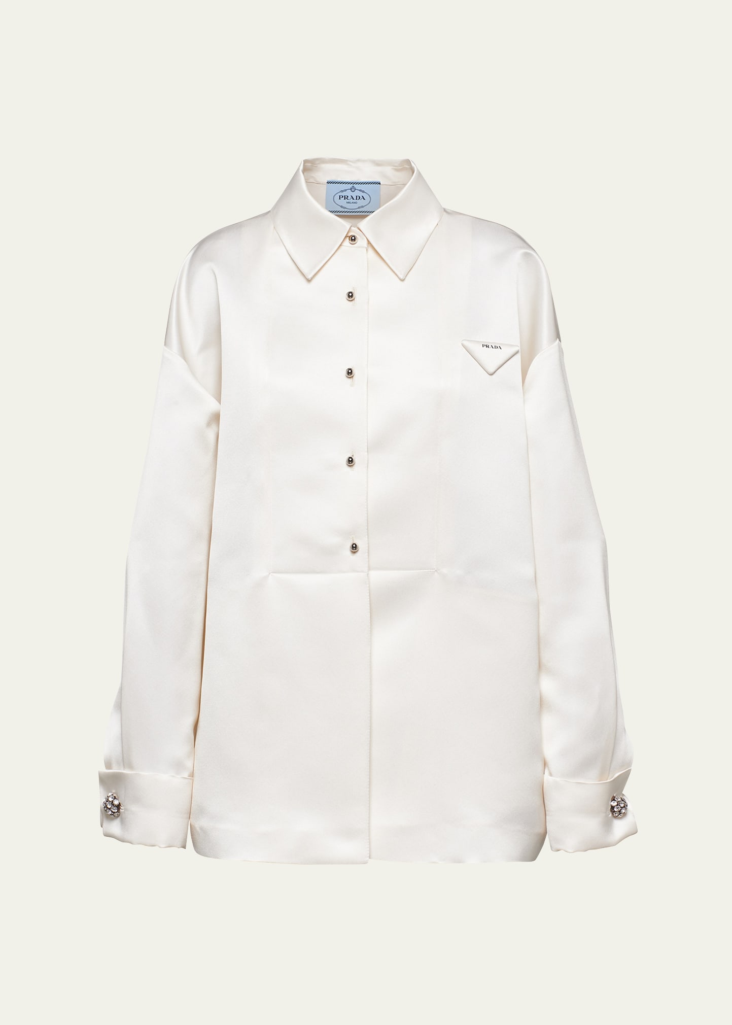 Shop Prada Boxy Crystal Button Satin Double Shirt In F0009 Bianco