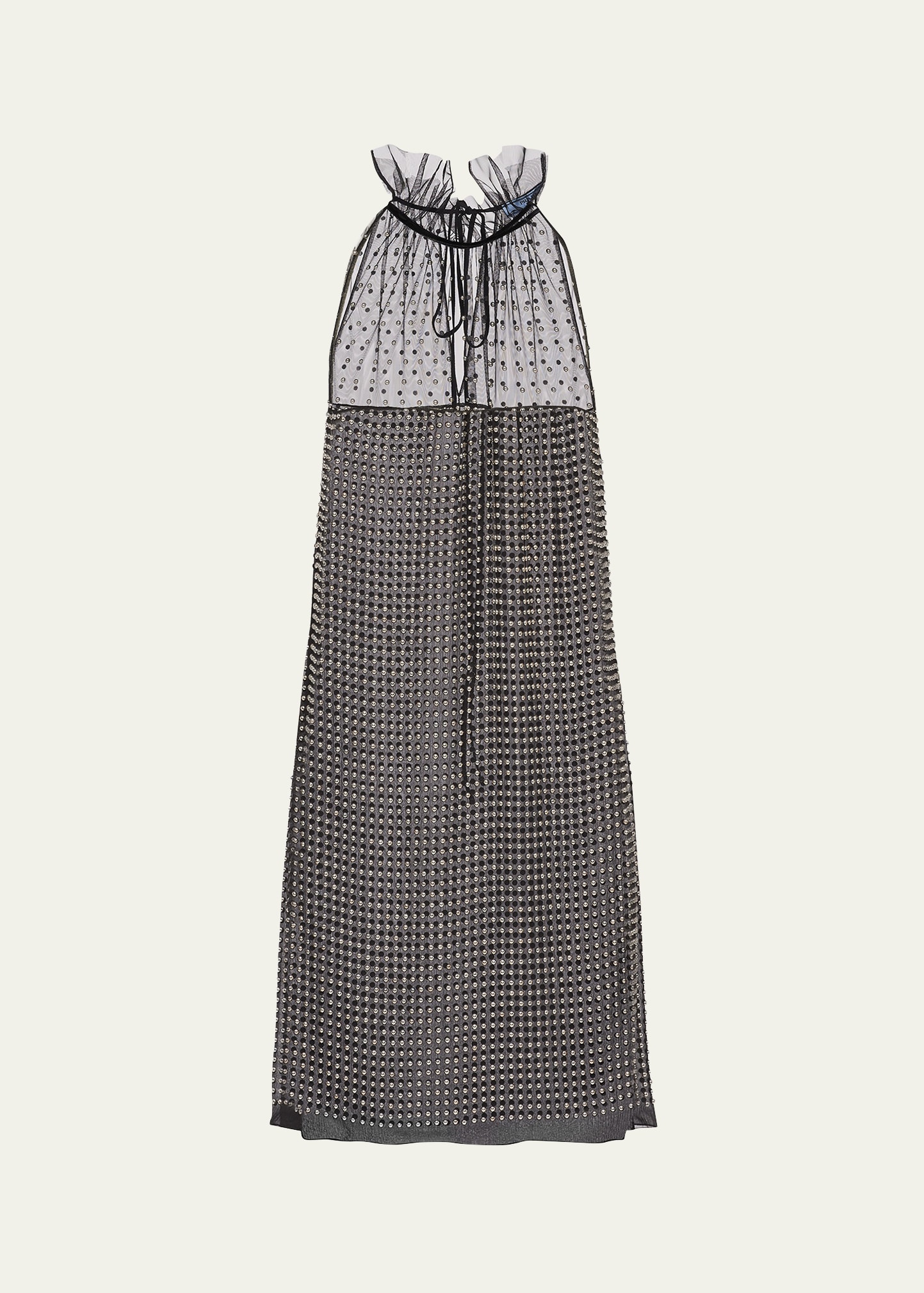 Shop Prada Studded Chiffon Ruffle-neck Mini Dress In F0002 Nero