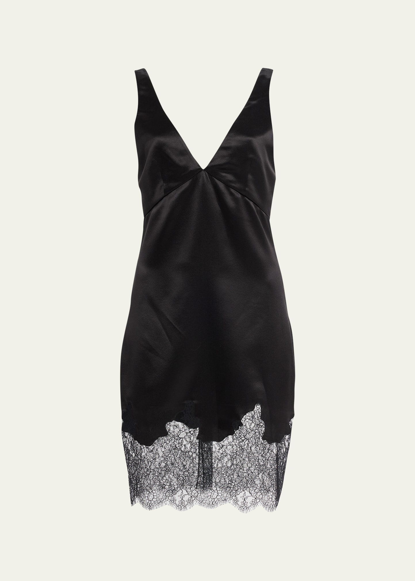 SAINT LAURENT LACE-HEM FRAYED SILK MINI DRESS