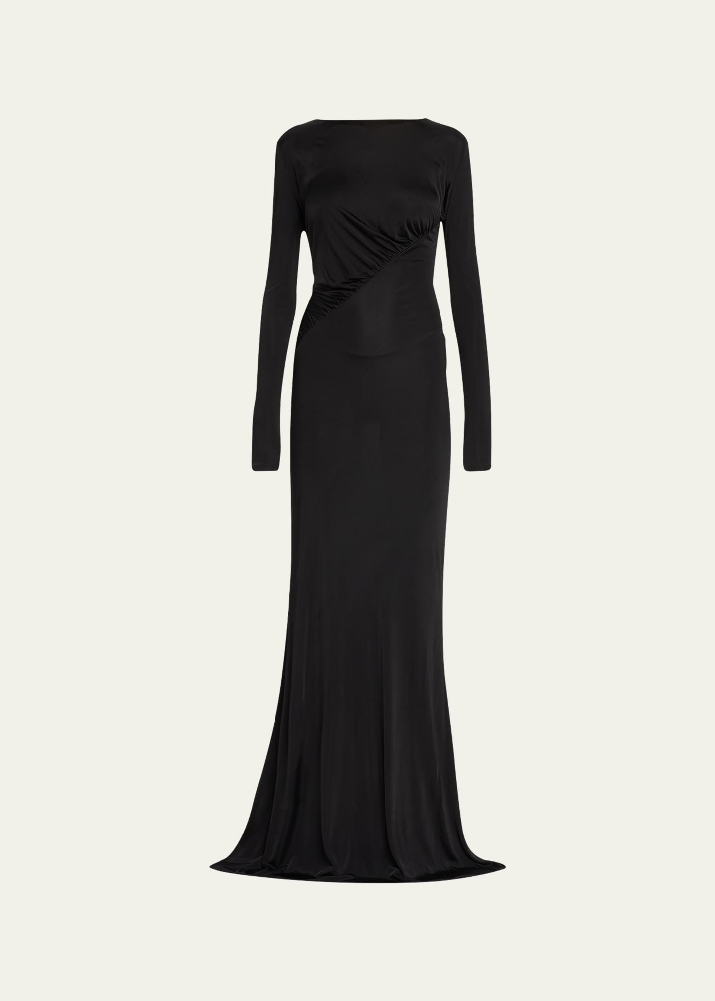 Saint Laurent Ruched Long-sleeve Jersey Gown In Nero