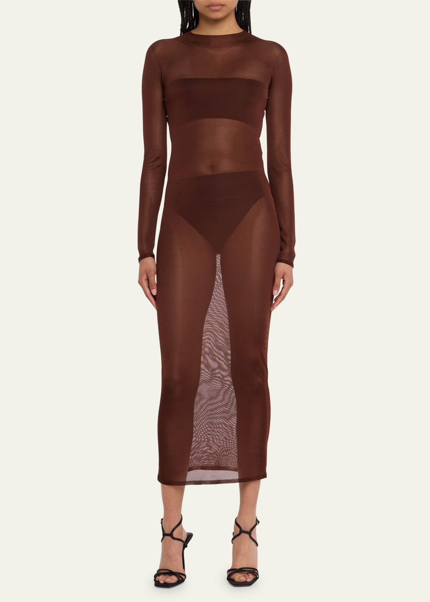 Shop Saint Laurent Second-skin Long Sheer Dress In Chocolate