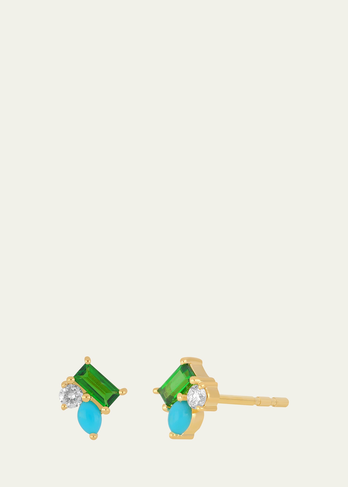 Yellow Gold Diamond, Emerald, & Turquoise Stud Earrings