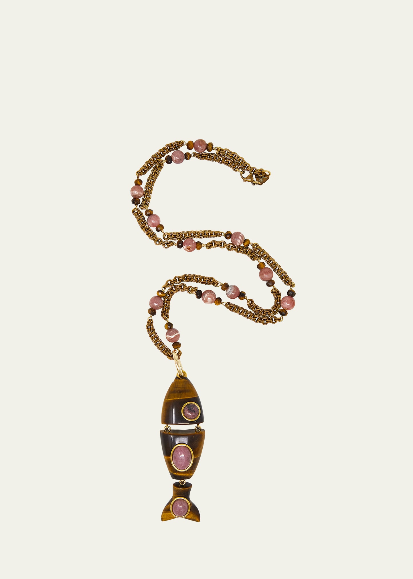 Grazia And Marica Vozza Fish Charm Necklace With Tiger Eye And Rhodochrosite In Multi