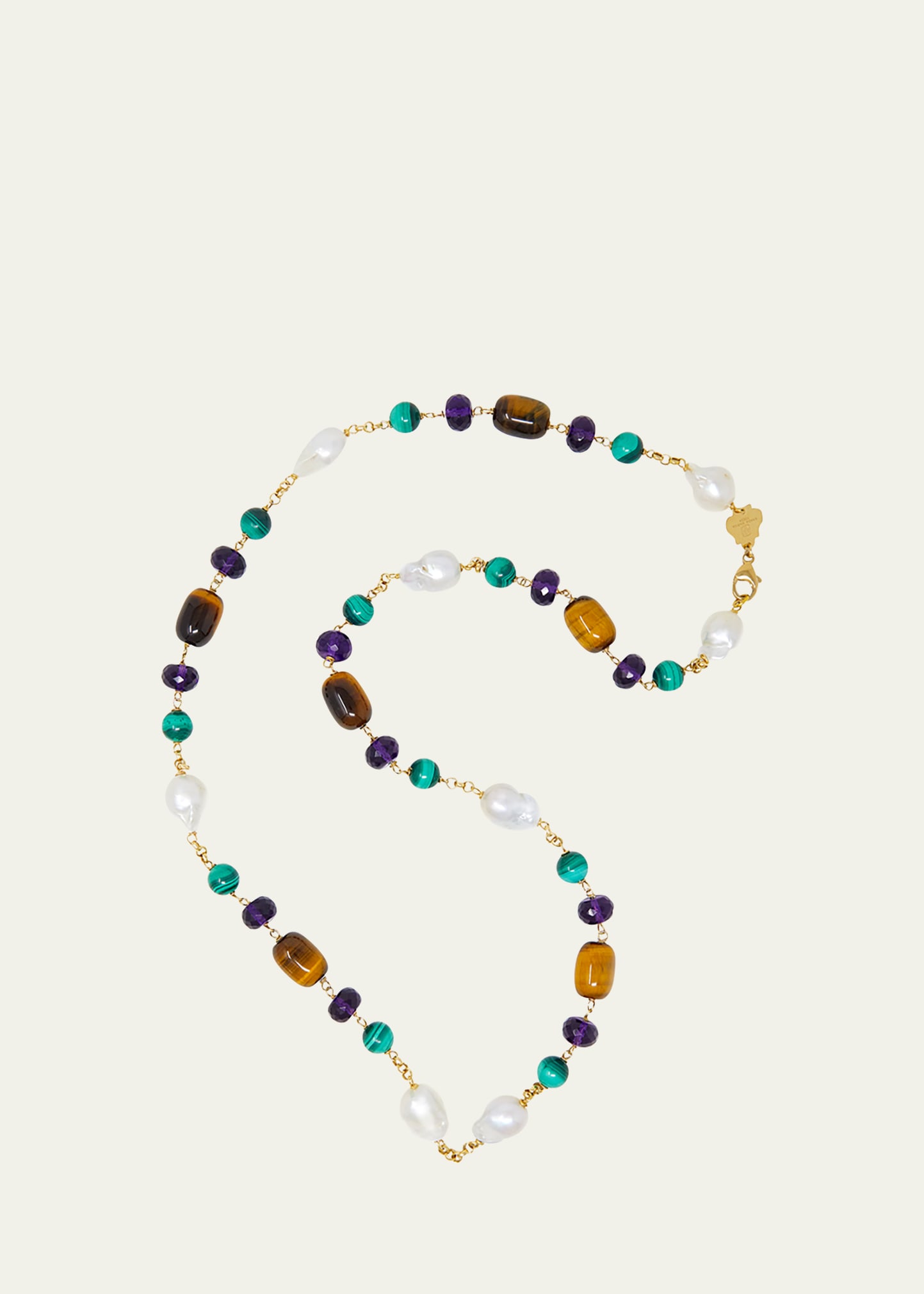 Grazia And Marica Vozza 18K Yellow Gold Freshwater Baroque Pearl Necklace with Malachite, Amethyst and Tigers Eye