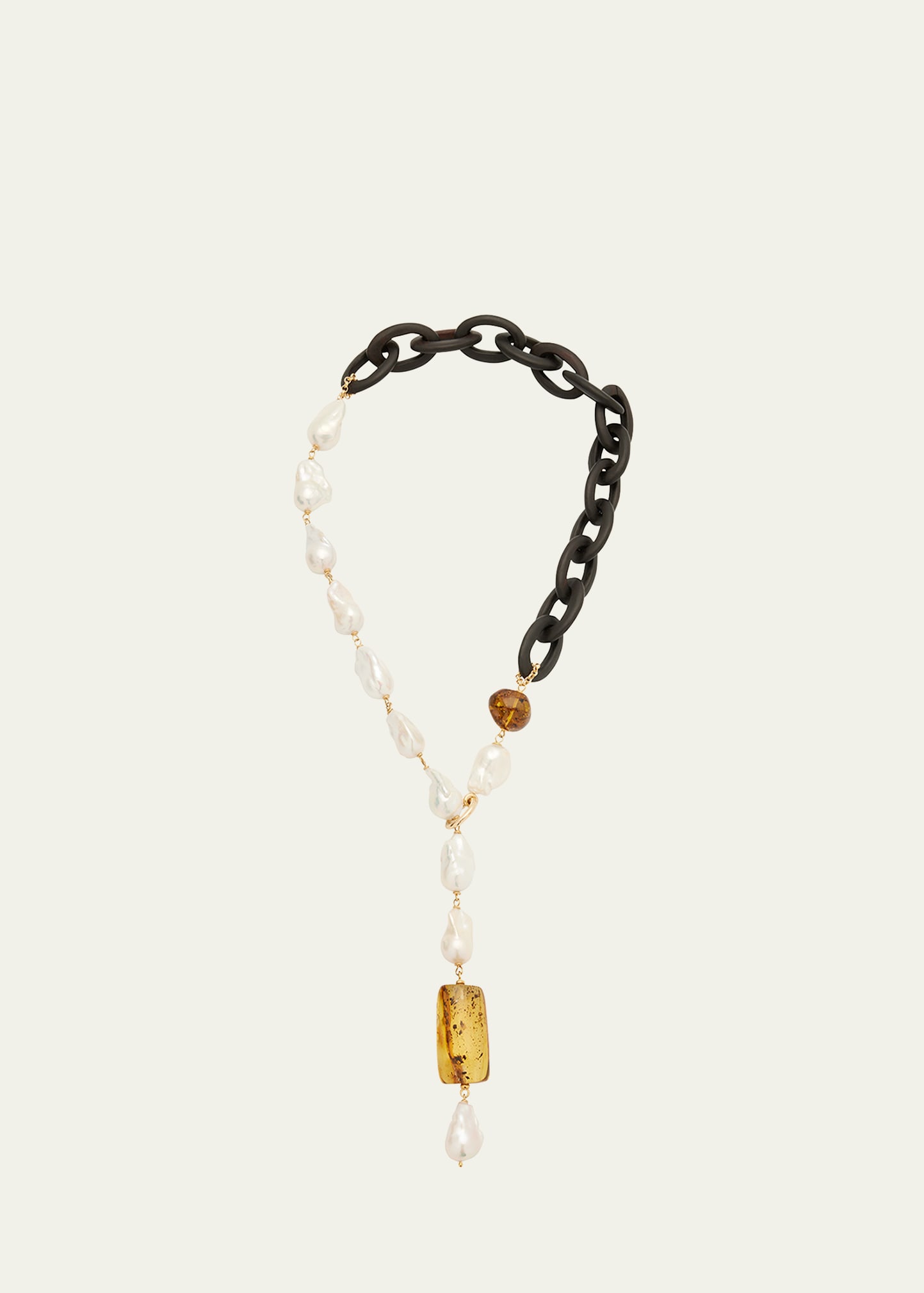 Grazia And Marica Vozza Ebony Wood, Freshwater Baroque Pearl And Amber Y-drop Necklace In Multi