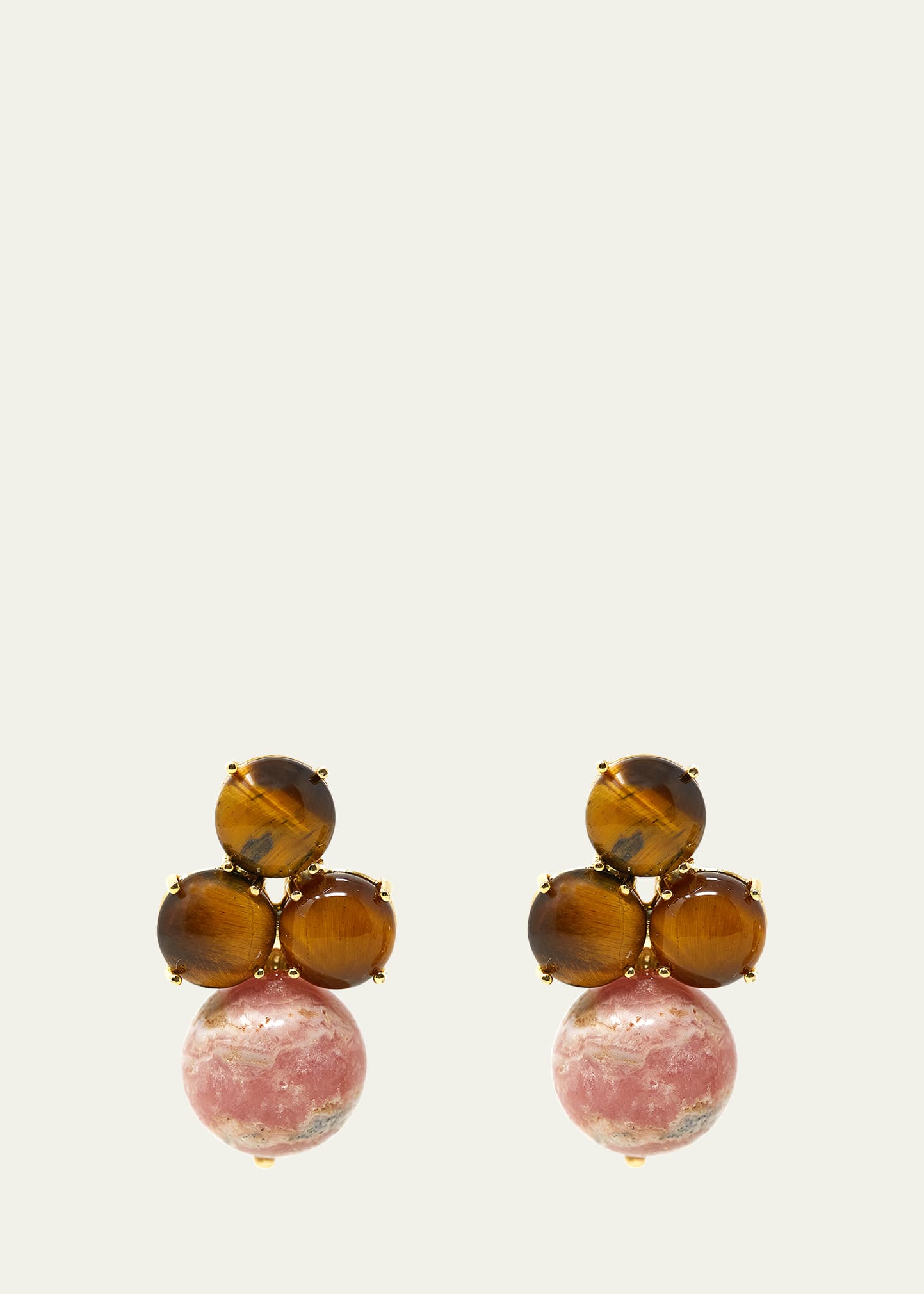 14K Yellow Gold Stud Earrings with Malachite Rhodonite and Mother-of-Pearl