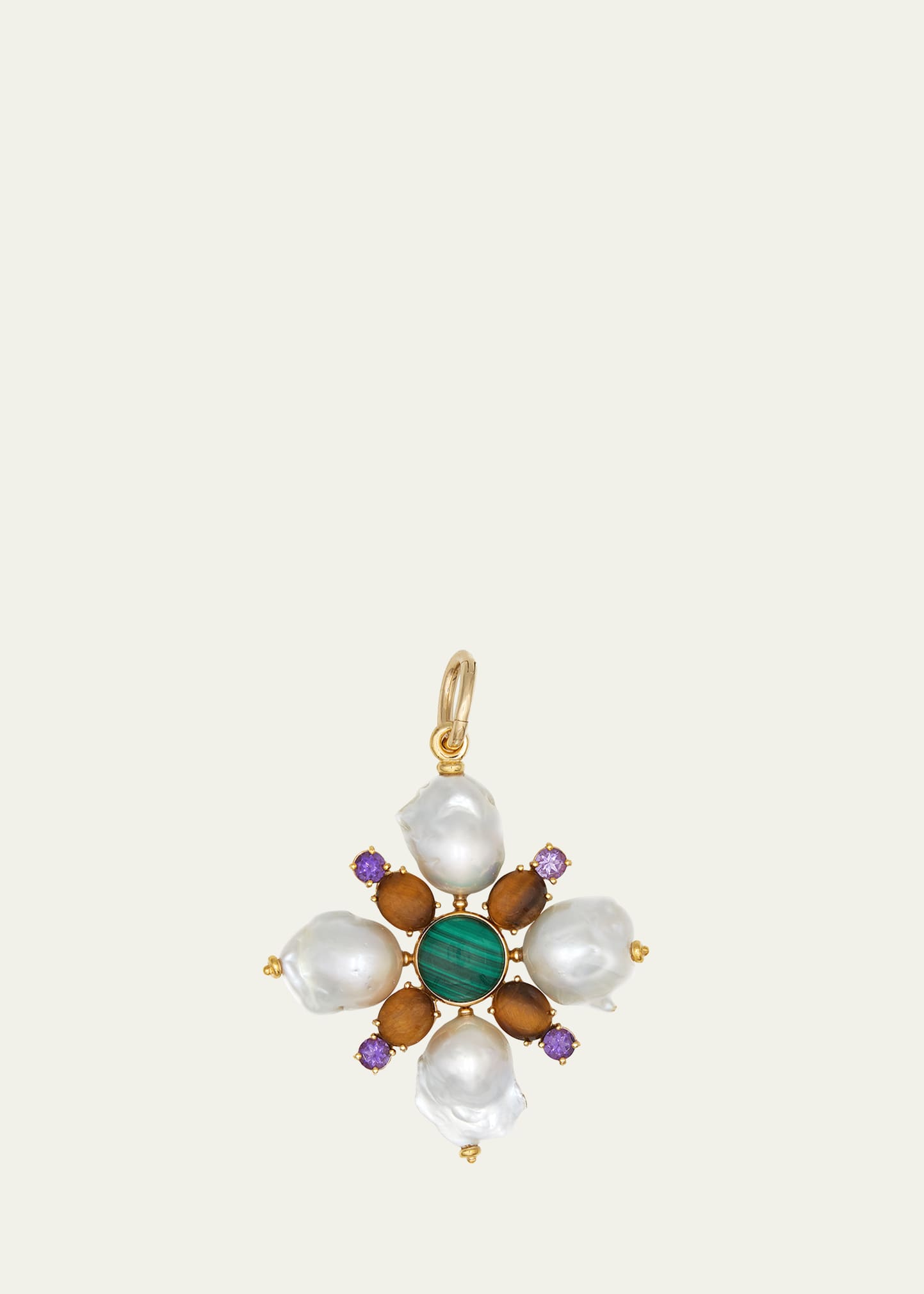 Grazia And Marica Vozza Flower Charm With Freshwater Baroque Pearls, Malachite, Tiger Eye And Amethyst In Multi