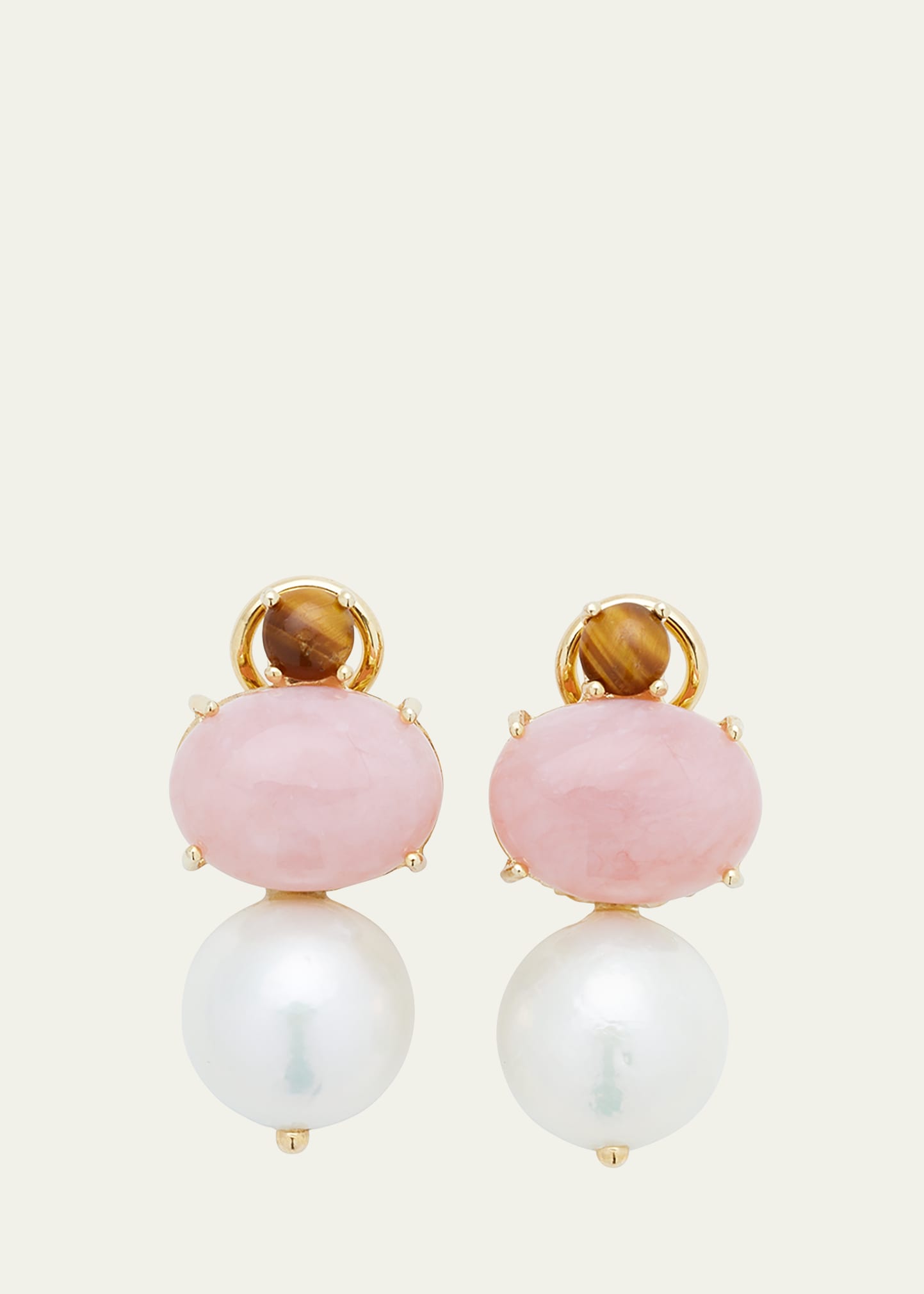 Grazia And Marica Vozza 14k Yellow Gold Stud Earrings With Rhodonite, Tiger Eye And Freshwater Pearls In Yg