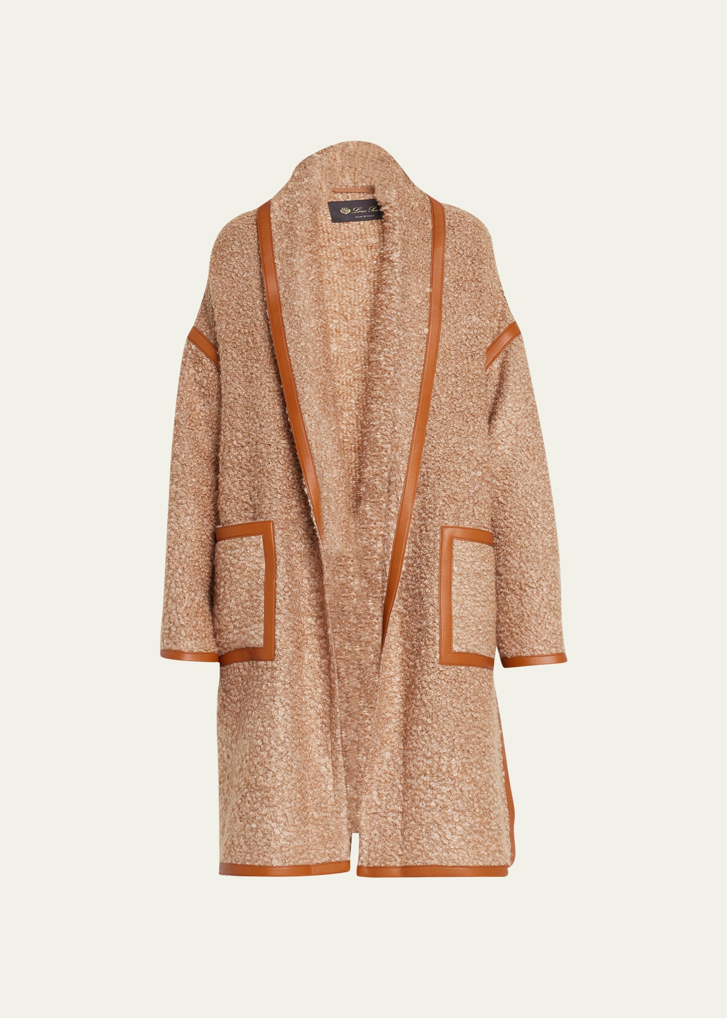 Loro Piana Reinhold Long Boucle Wool Coat With Leather Trimming In E07v Choco Rice