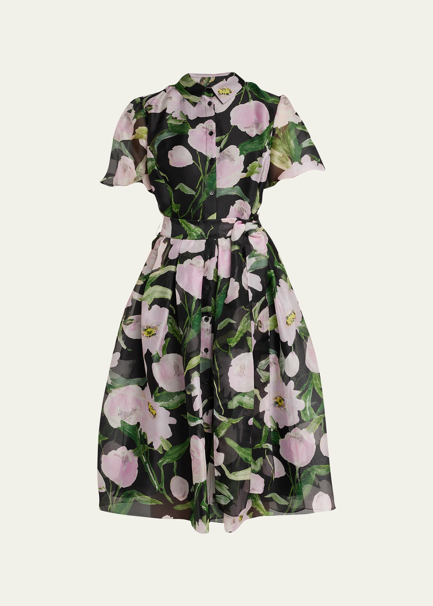Floral Print Collared Midi Dress w/ Tie Belt