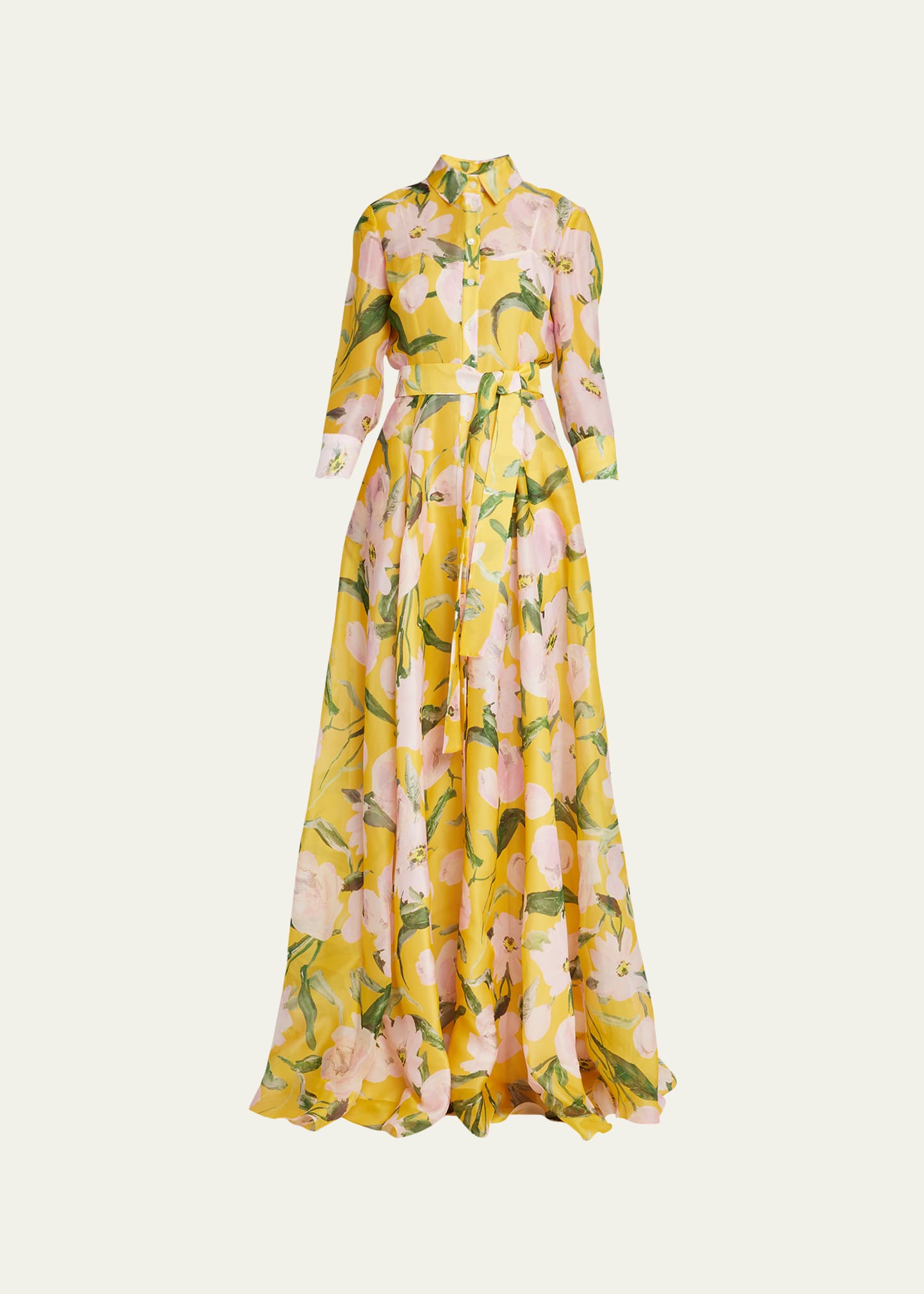 Floral Print Button-Front Trench Gown with Tie Belt