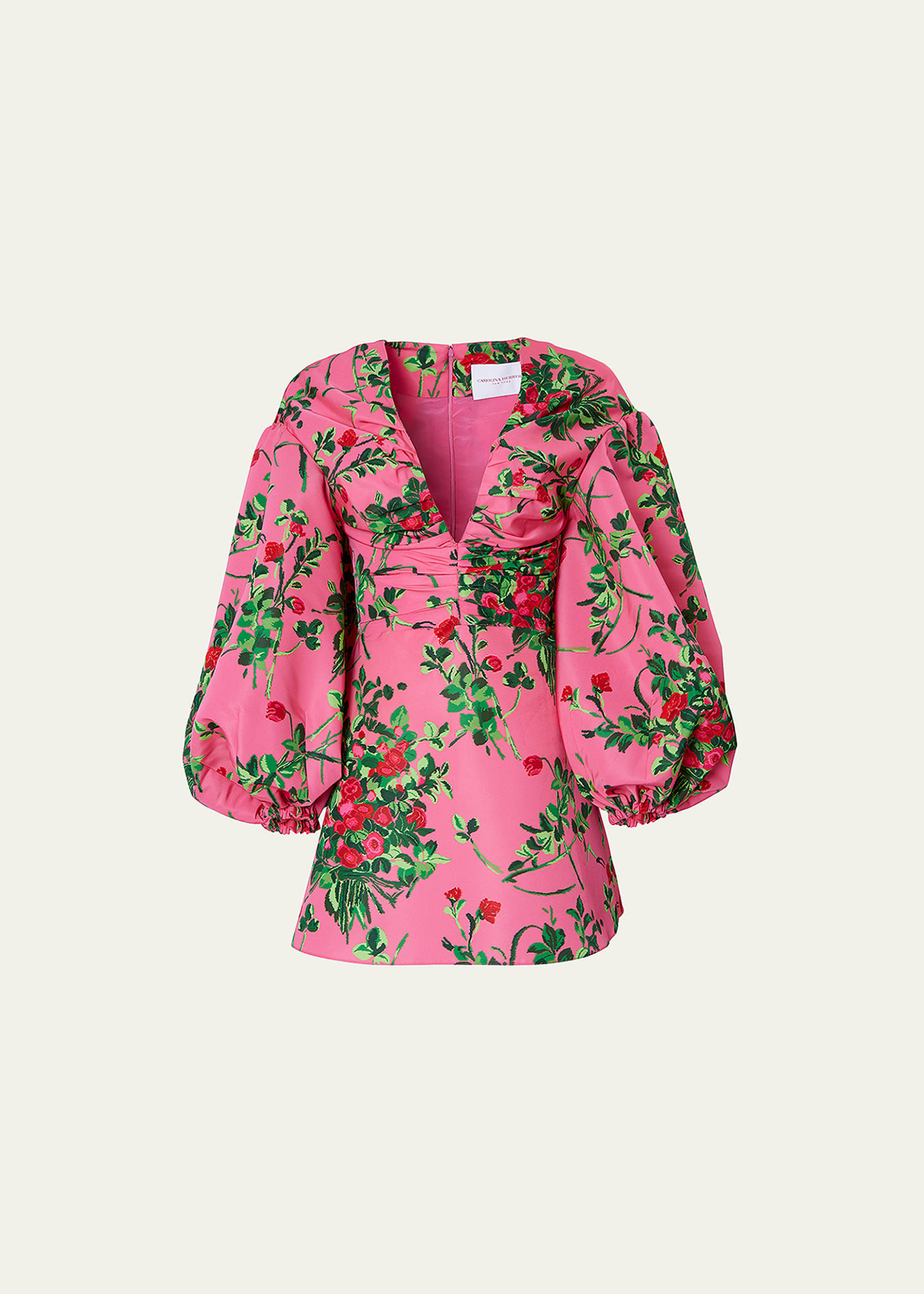 Carolina Herrera Floral Print Ruched Mini Dress With Balloon Sleeves In Flamingo Multi