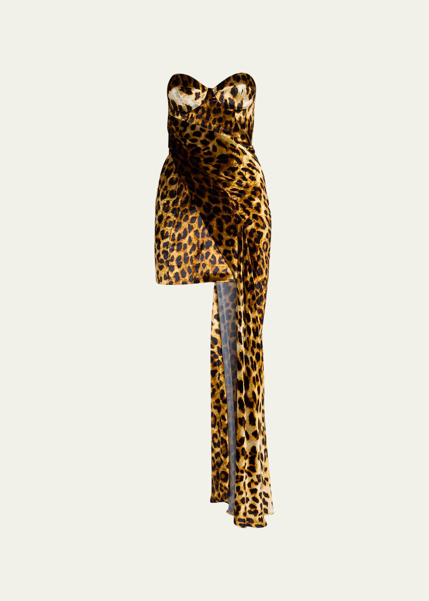 Halpern Leopard Print Bustier Mini Dress With Draped Train In Brown And Black