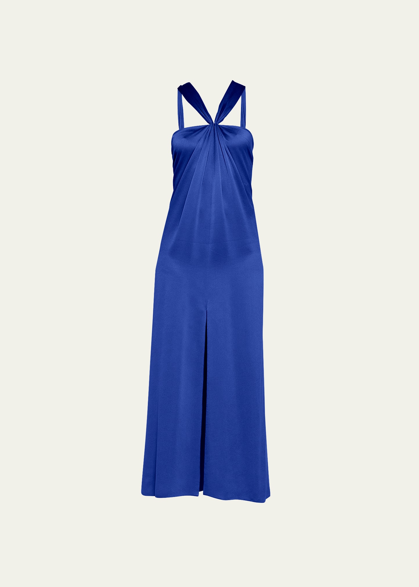 Giorgio Armani Pleated Halter Slit-hem Silk Gown In Cobalt