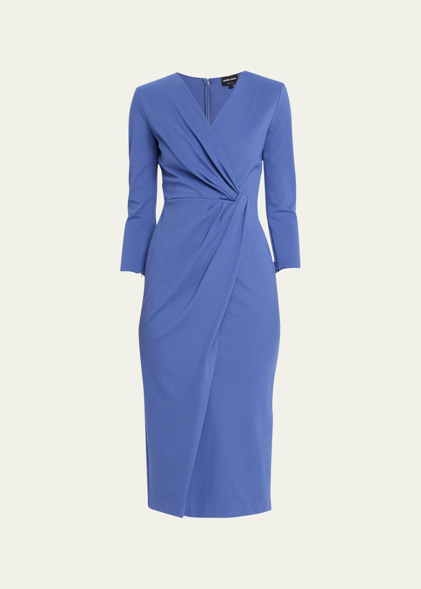 Draped Strong-Shoulder Jersey Midi Dress