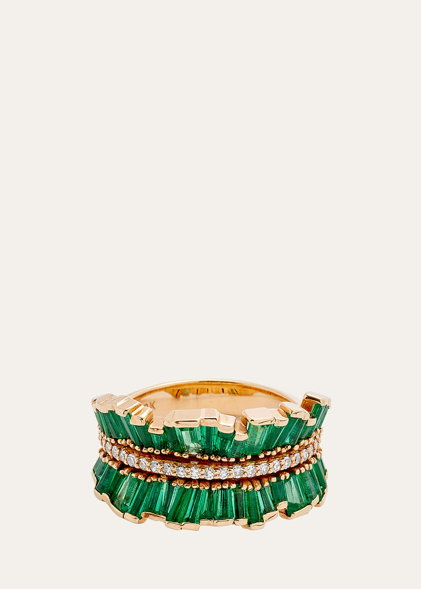 Double Ruched Ribbon Ring with Emerald and Diamonds
