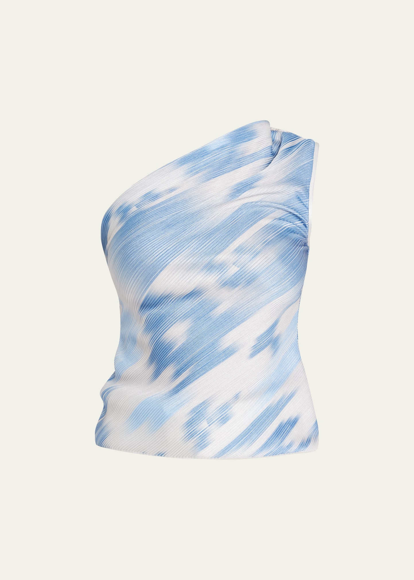 Shop Giorgio Armani Abstract-print One-shoulder Plisse Blouse In Light Blue