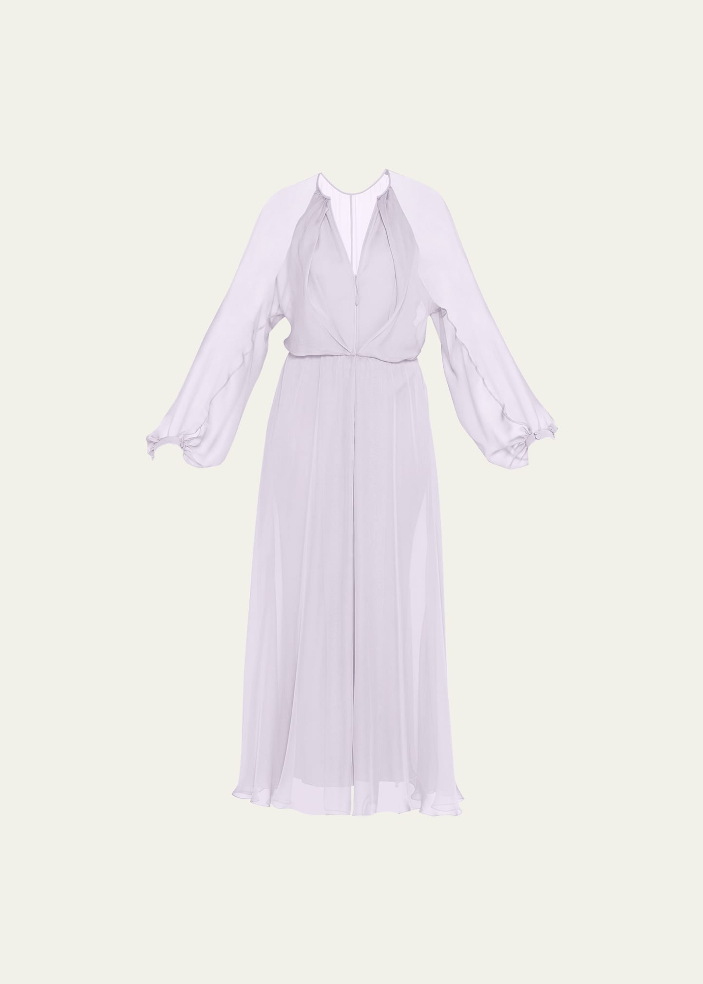 Zip-Front Long-Sleeve Silk Chiffon Layered Gown