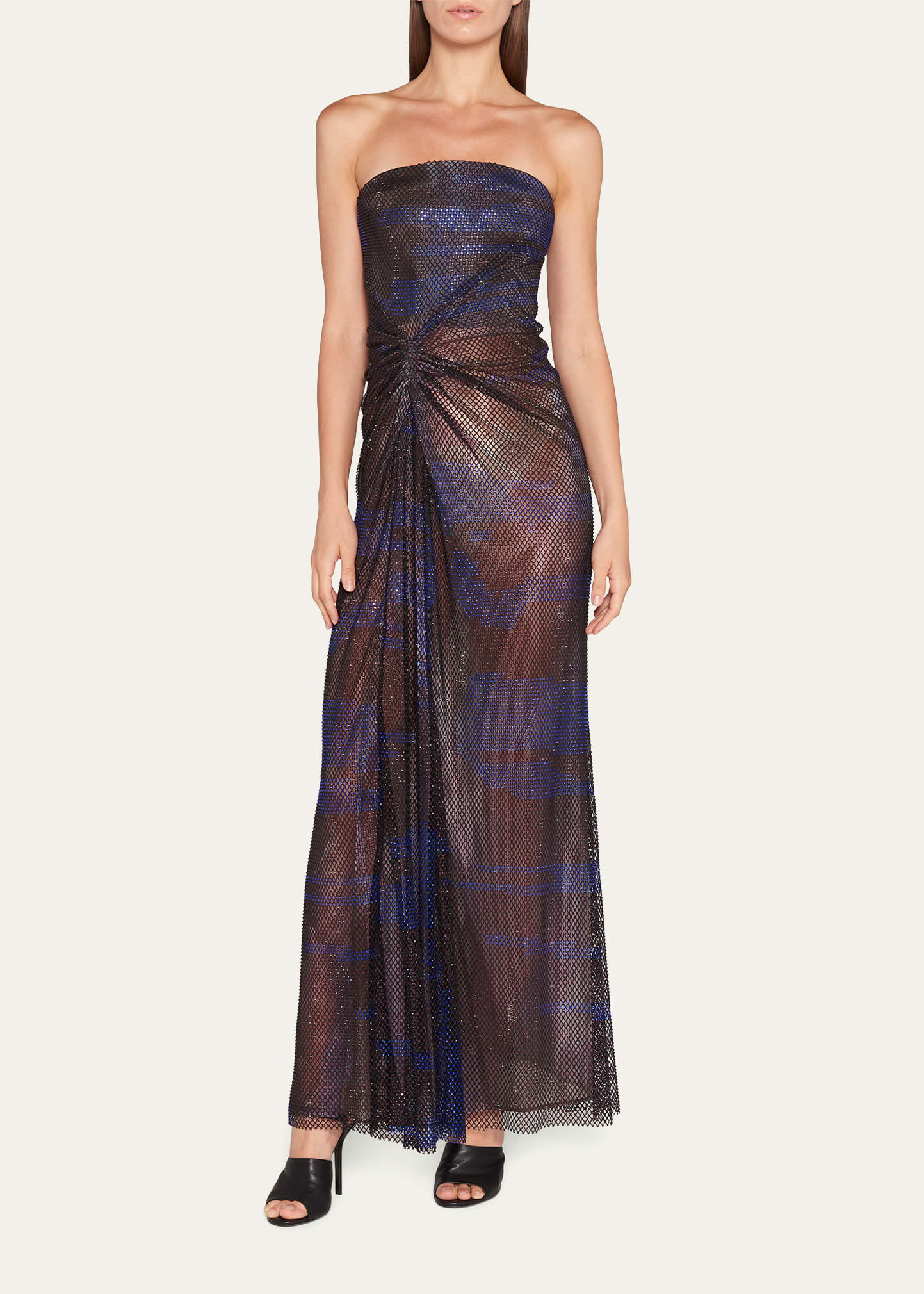 Strass Mesh Gathered Strapless Gown