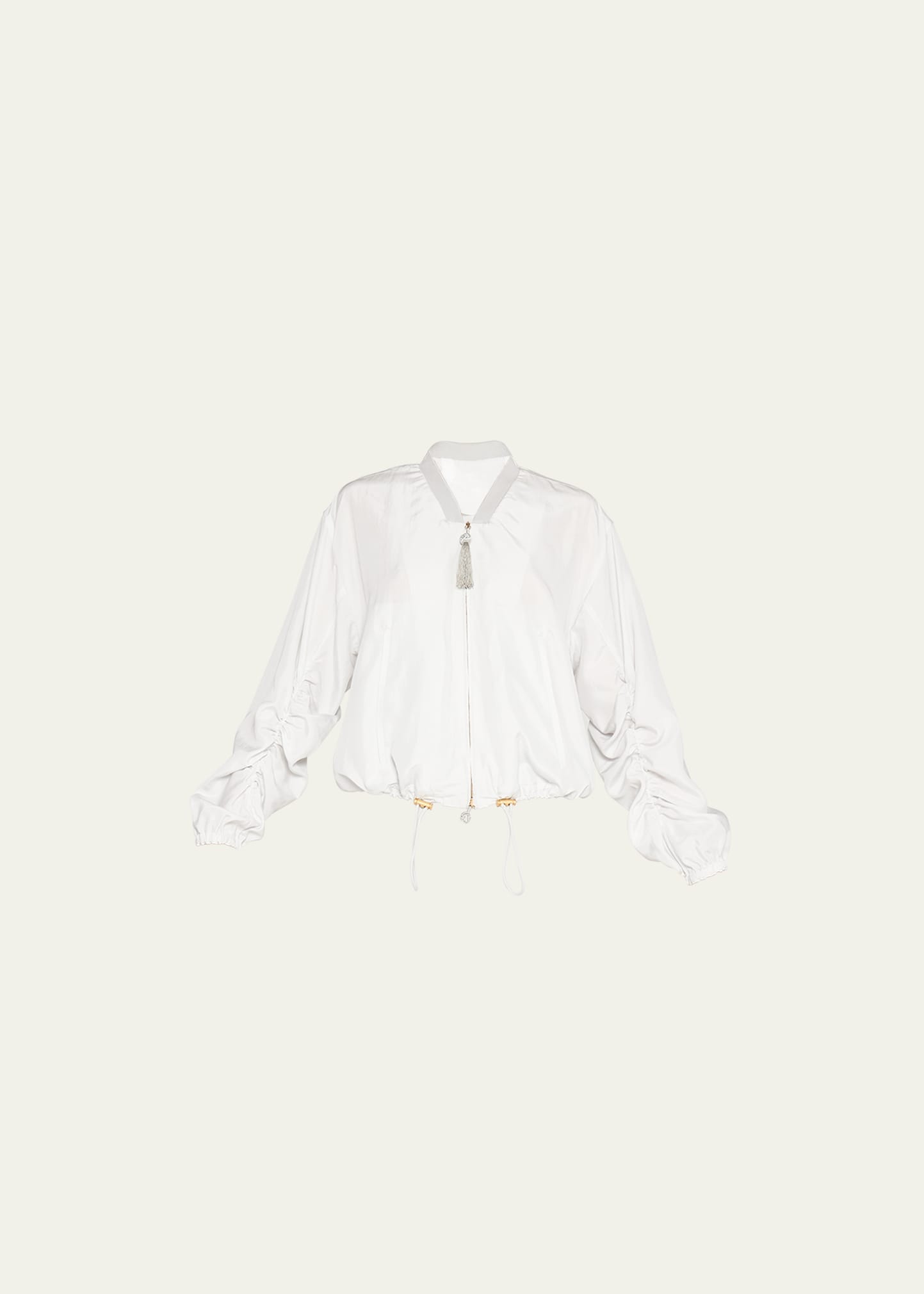 Tassel Ruched-Sleeve Silk Bomber Jacket