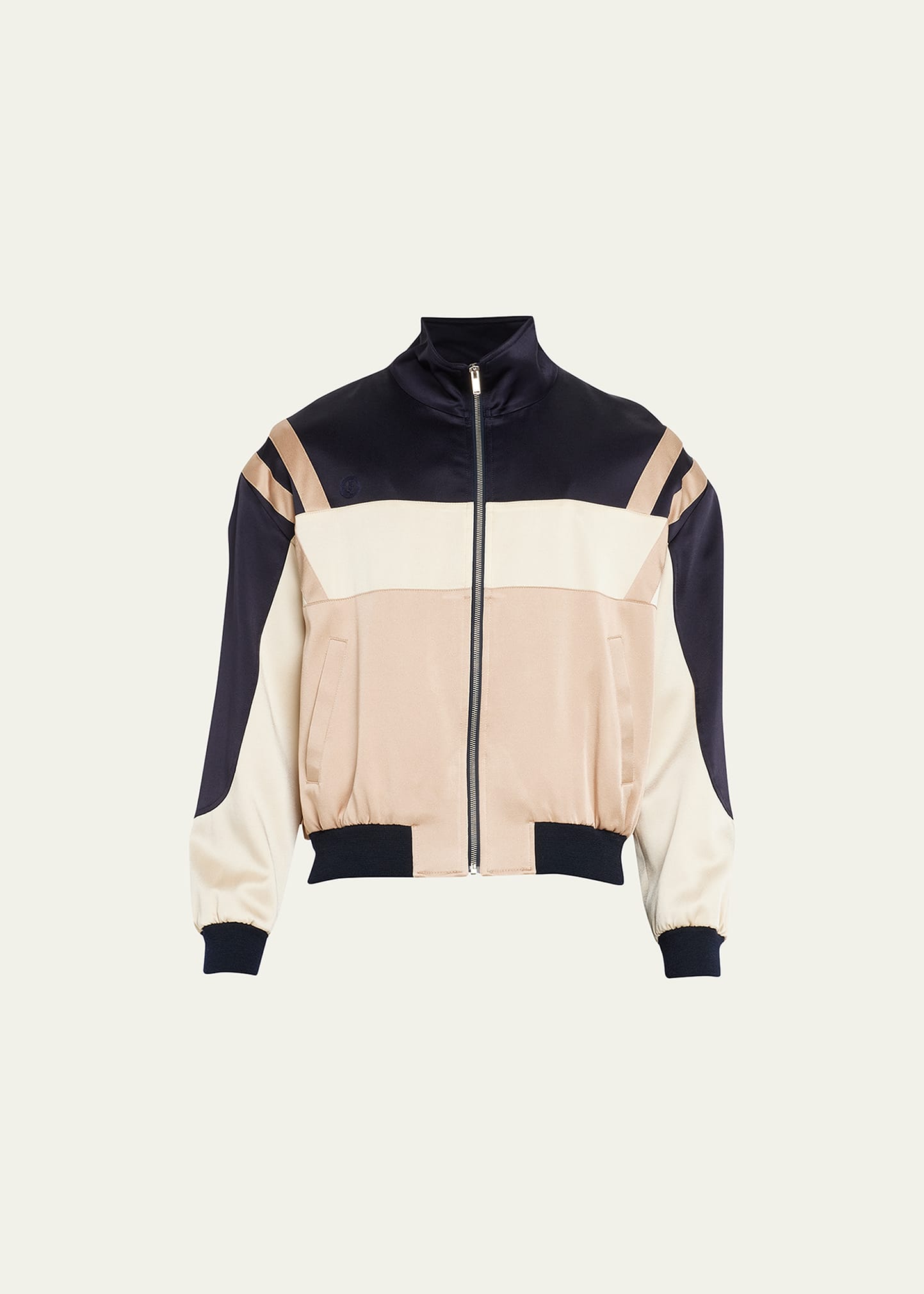Saint Laurent Panelled Logo Satin Bomber Jacket In Beige