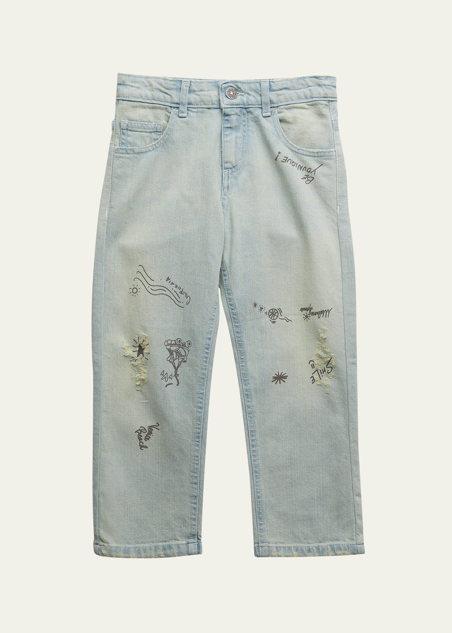 Boy's Doodle-Print Bleached Washed Jeans, Size 4-10