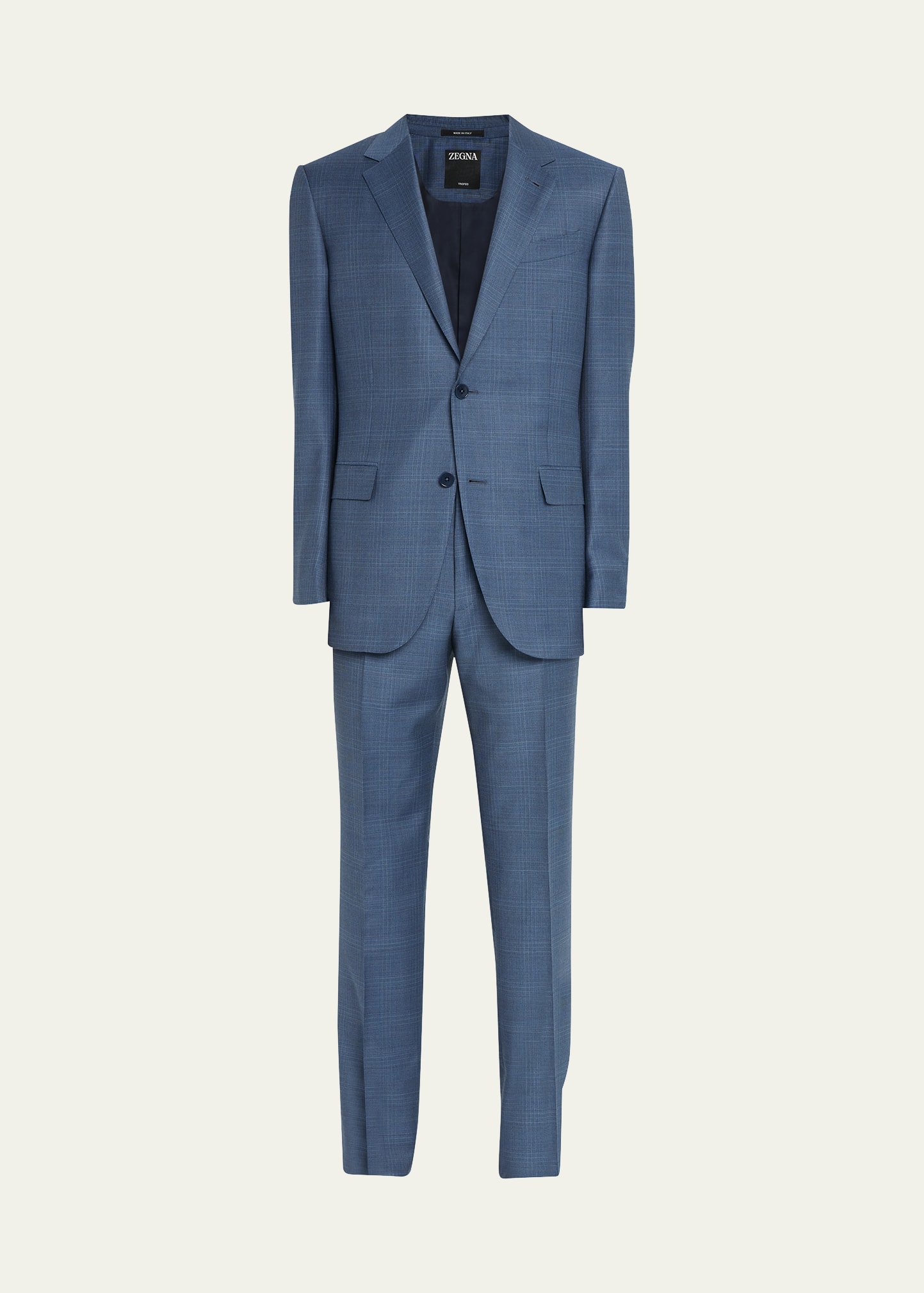 Shop Zegna Men's Trofeo Wool-cotton Plaid Suit In Blue Navy Check