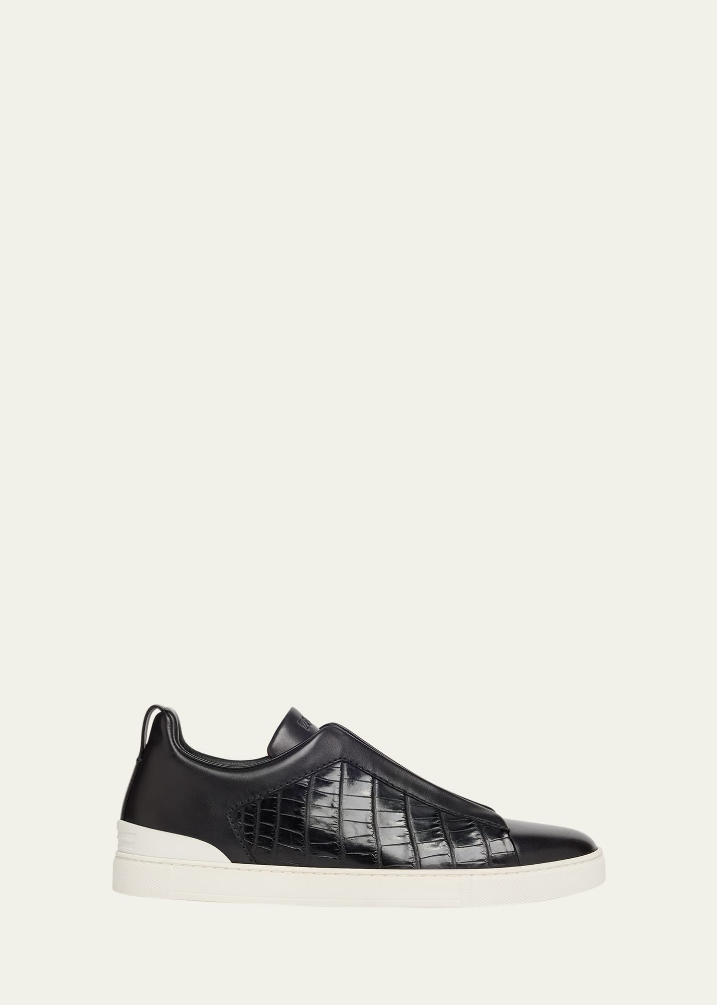 Zegna Men's Triple Stitch Alligator Leather Slip-on Sneakers In Black
