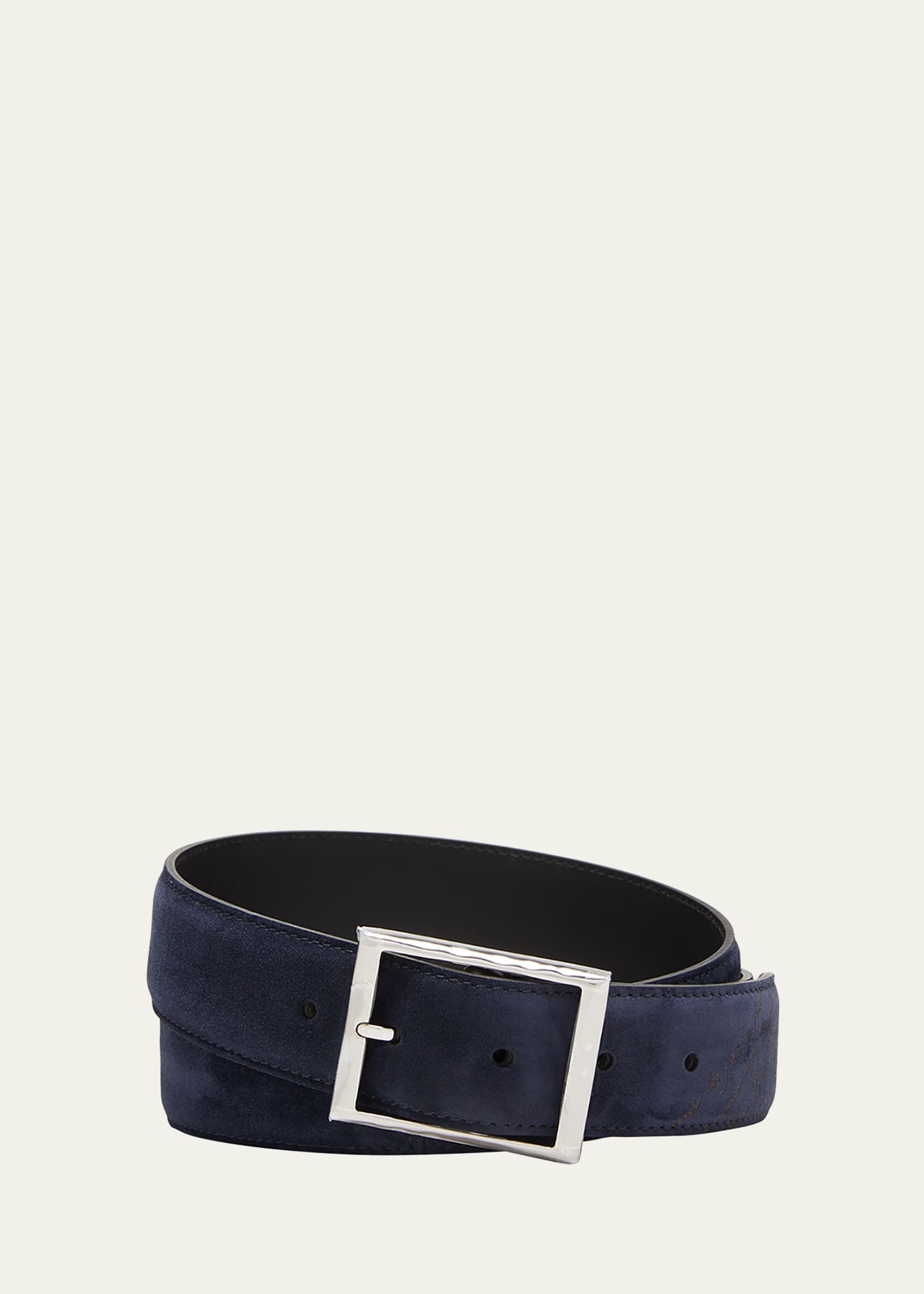 Berluti Men's Camoscio Scritto Leather Belt In Navy Blu