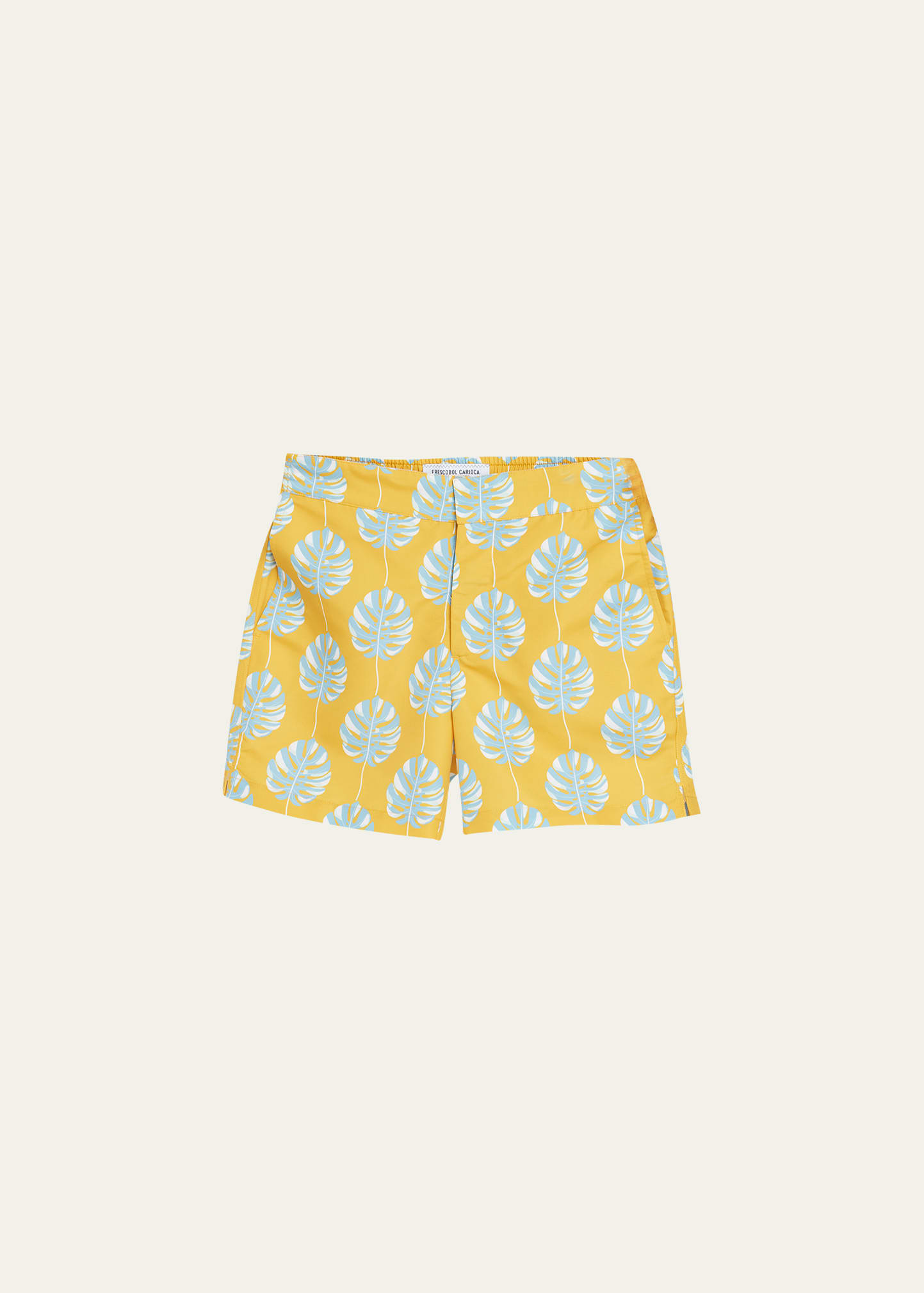 Frescobol Carioca Classic Swim Shorts Botânico Leaf Print In Sunset Yellow Cool Blue