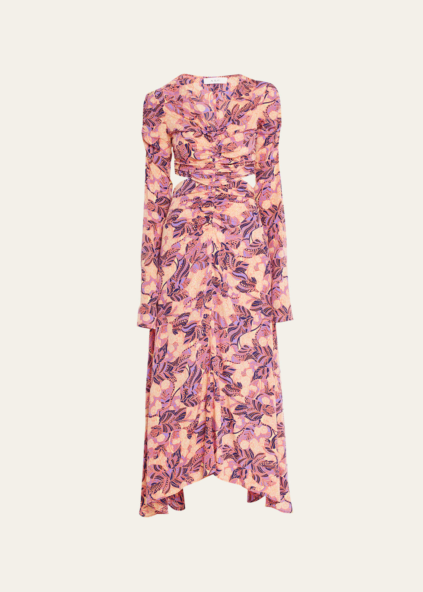 A.l.c Mona Printed Ruched Midi Dress In Coraliris