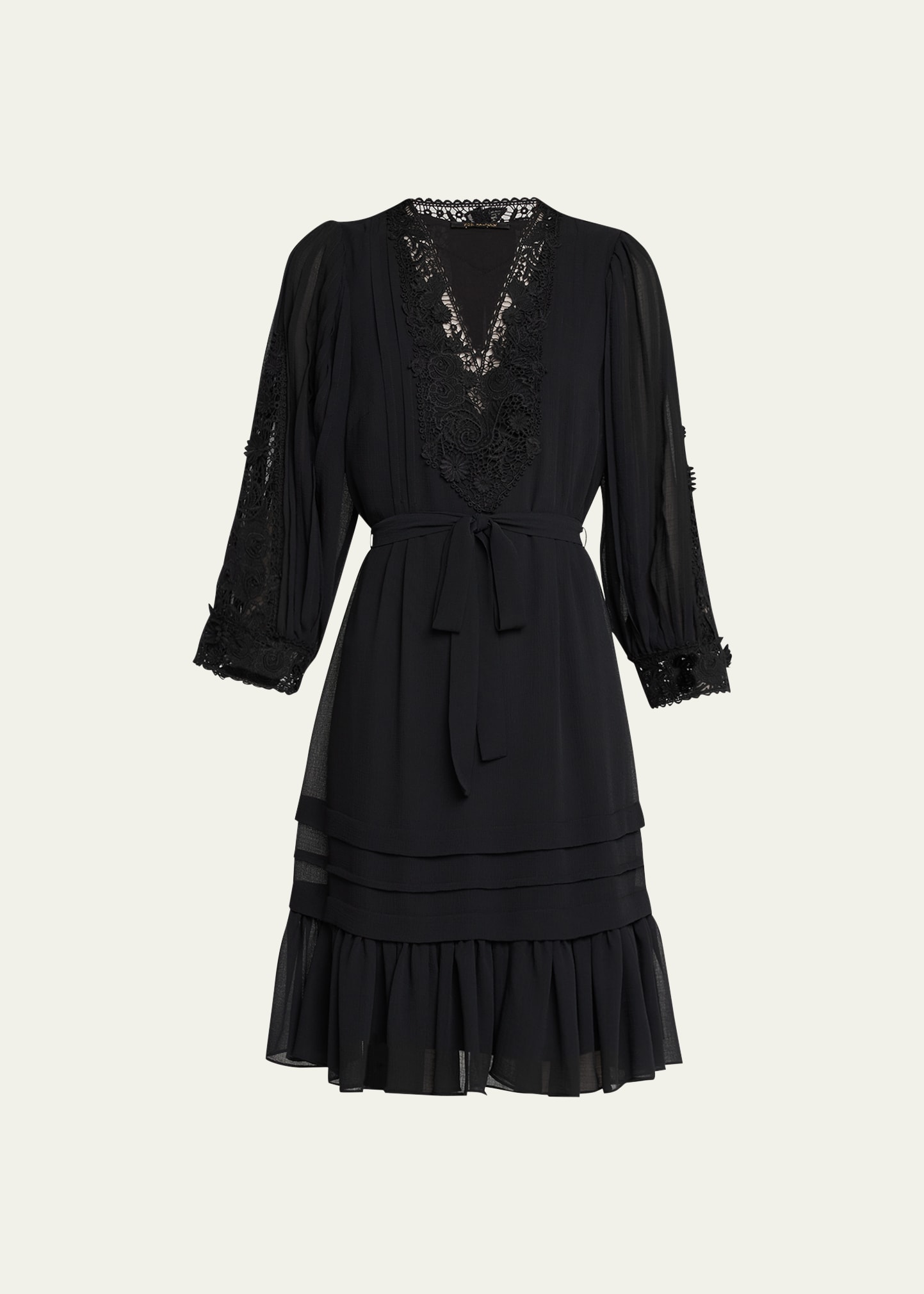 Shop Kobi Halperin Linda Pleated Lace-trim Flounce Midi Dress In Black