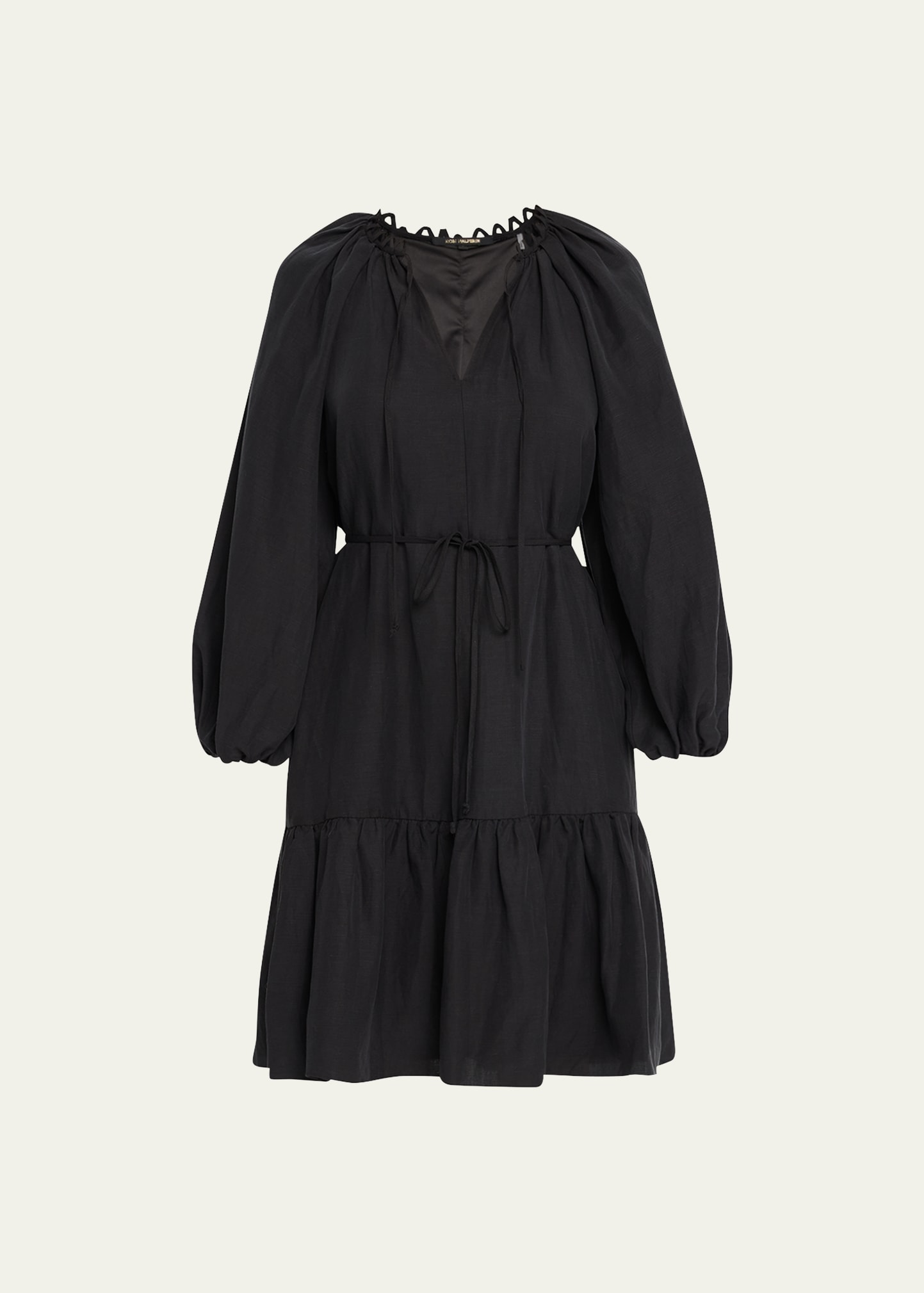 Ruby Blouson-Sleeve Keyhole Linen Midi Dress