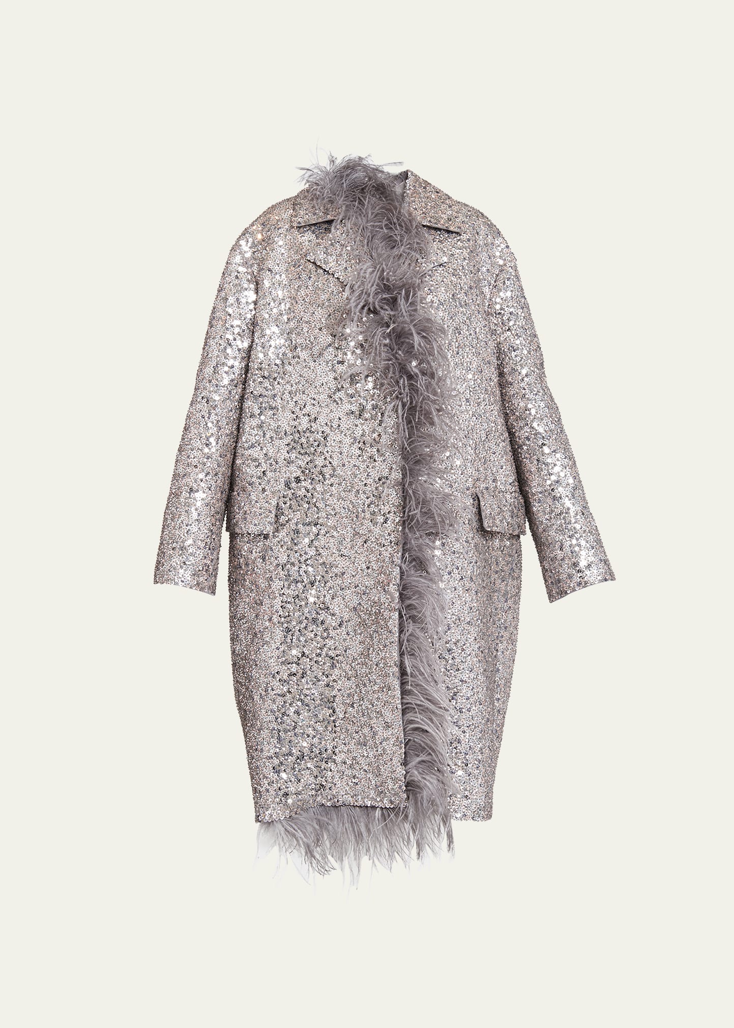Shop Valentino Sequin Embroidered Long Coat With Feather Trim In Silver