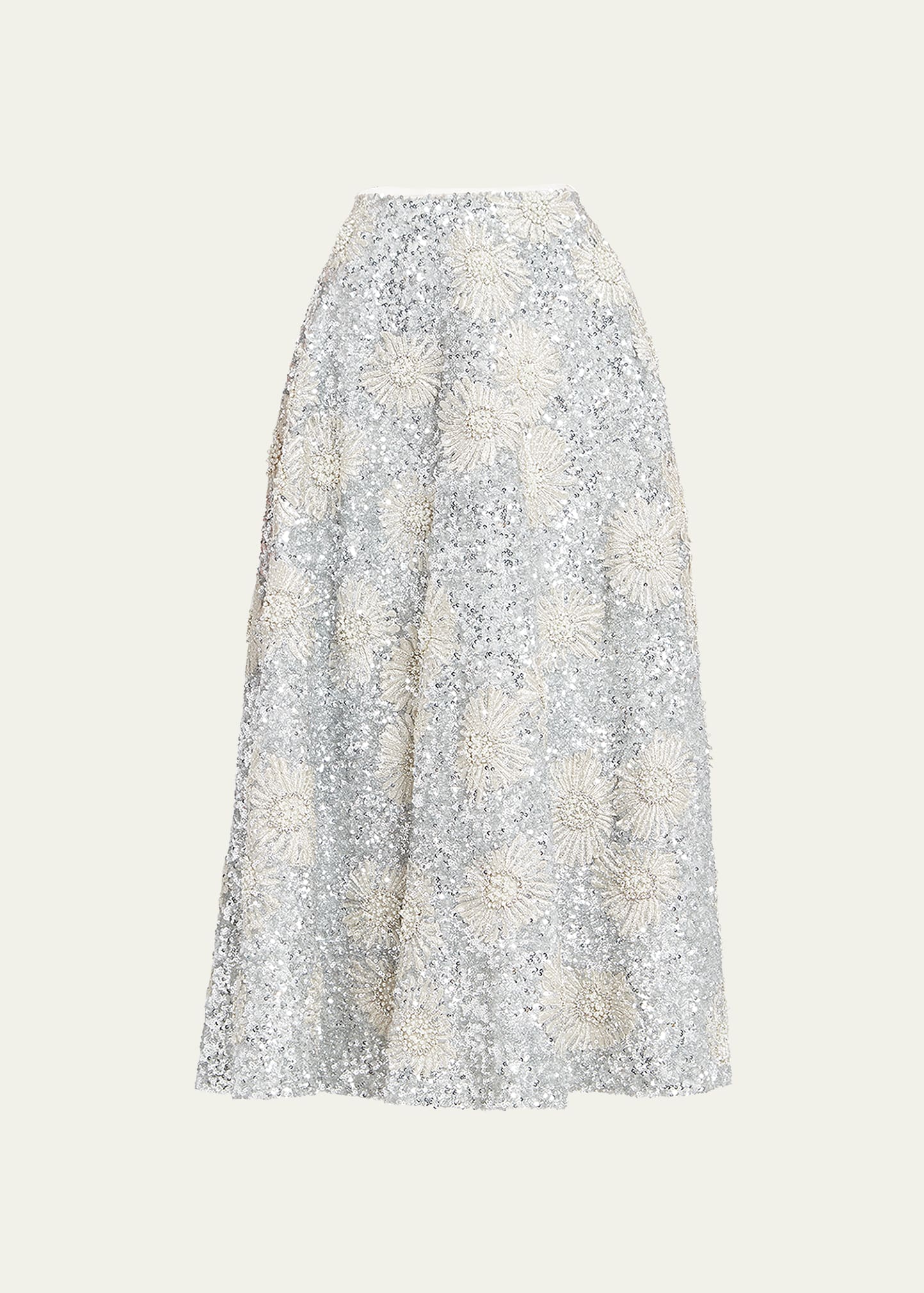 Valentino Organza Embellished Midi Skirt With Floral Embroidery In Antique Silver