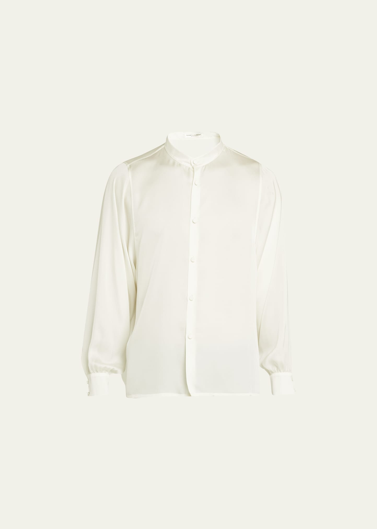 Shop Saint Laurent Men's Band-collar Charmeuse Blouse Shirt In Cream
